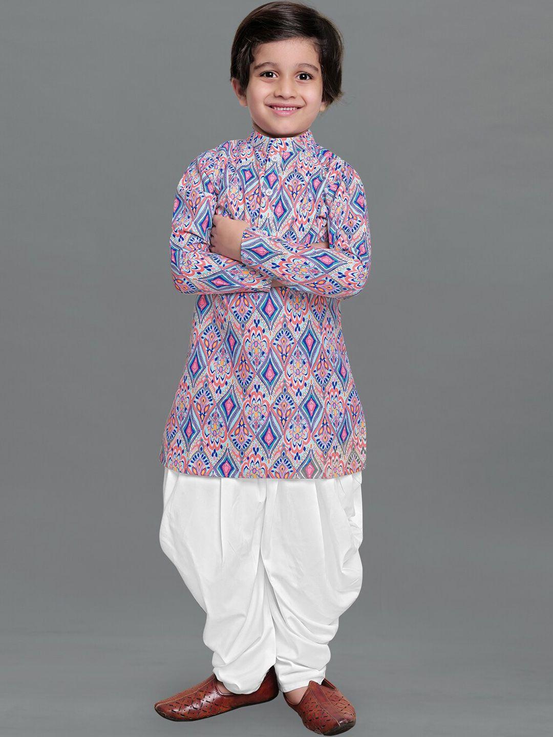 fashion dream boys blue and white ethnic motifs printed kurta with dhoti pants