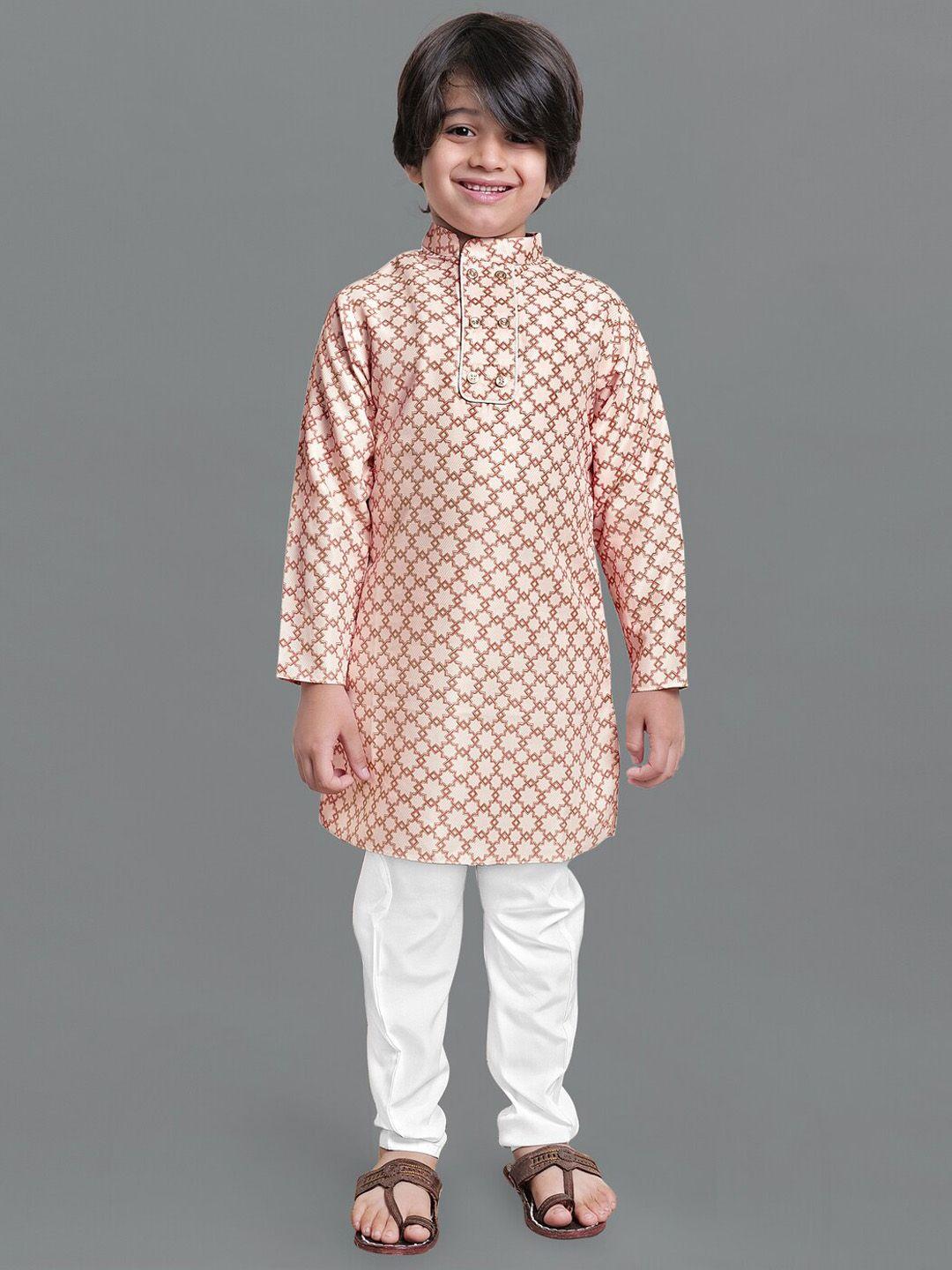fashion dream boys cream-coloured & white printed kurta with pyjamas