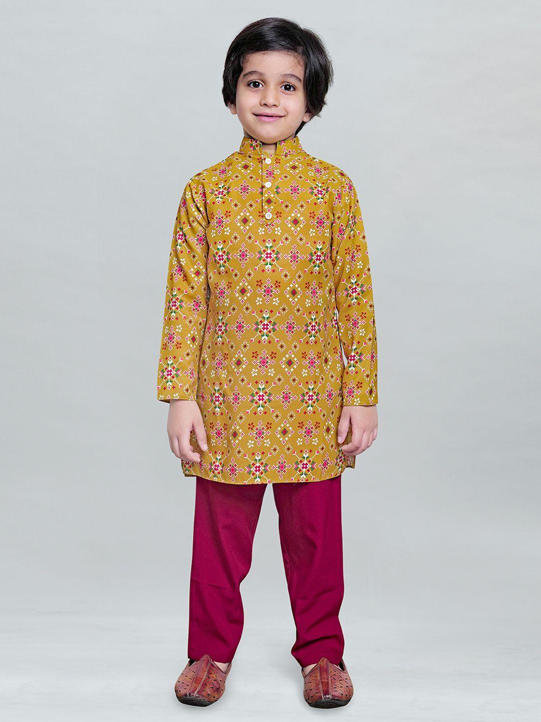fashion dream boys mustard yellow floral printed kurta with trouser