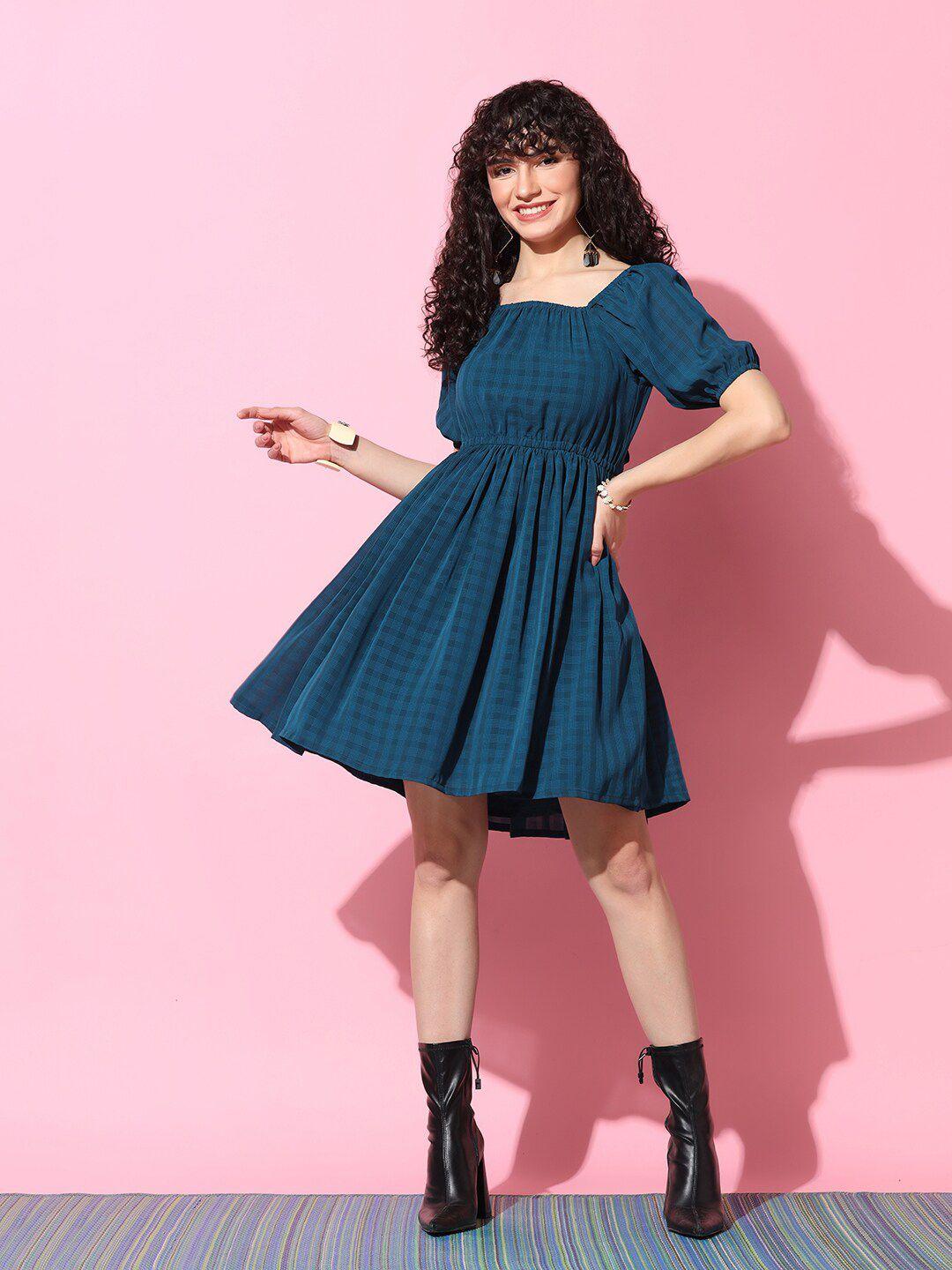 fashion dream checked square neck fit & flare dress