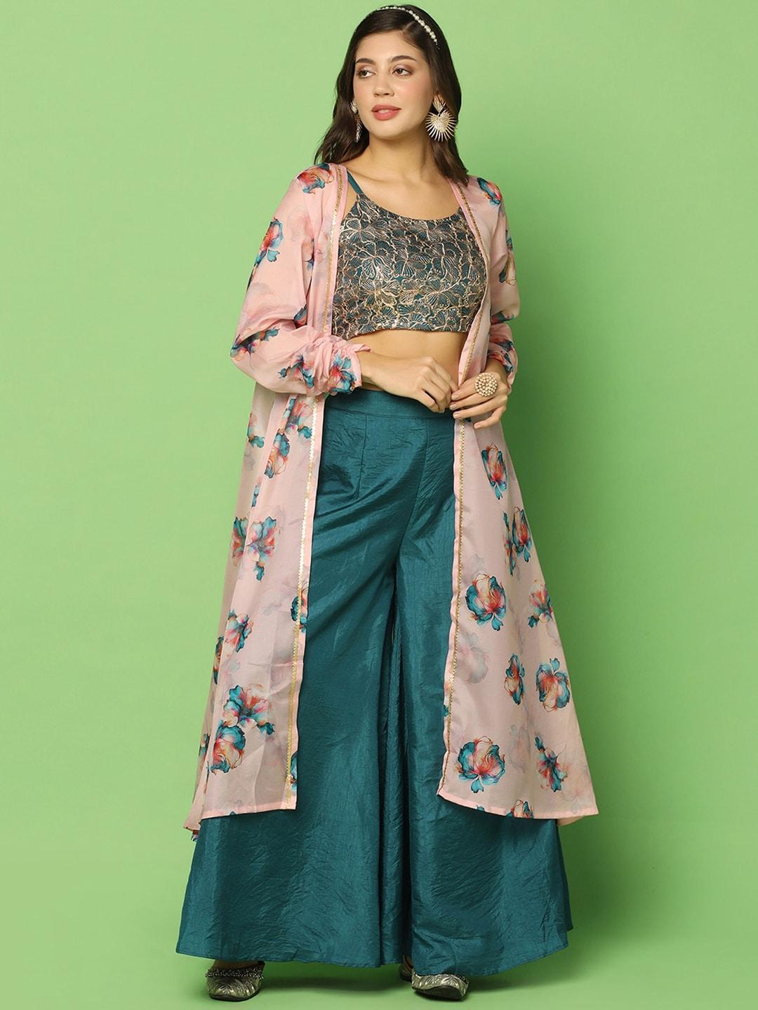 fashion dream embroidered crop top with palazzos & shrug