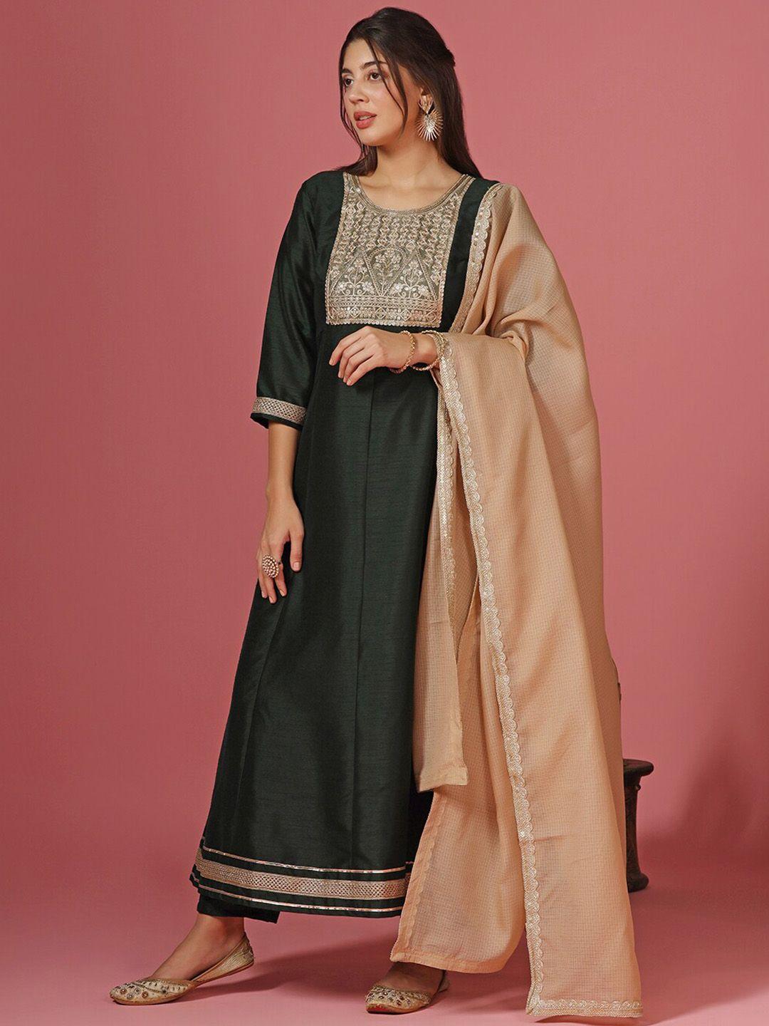 fashion dream ethnic motifs embroidered regular a-line kurta & trousers with dupatta