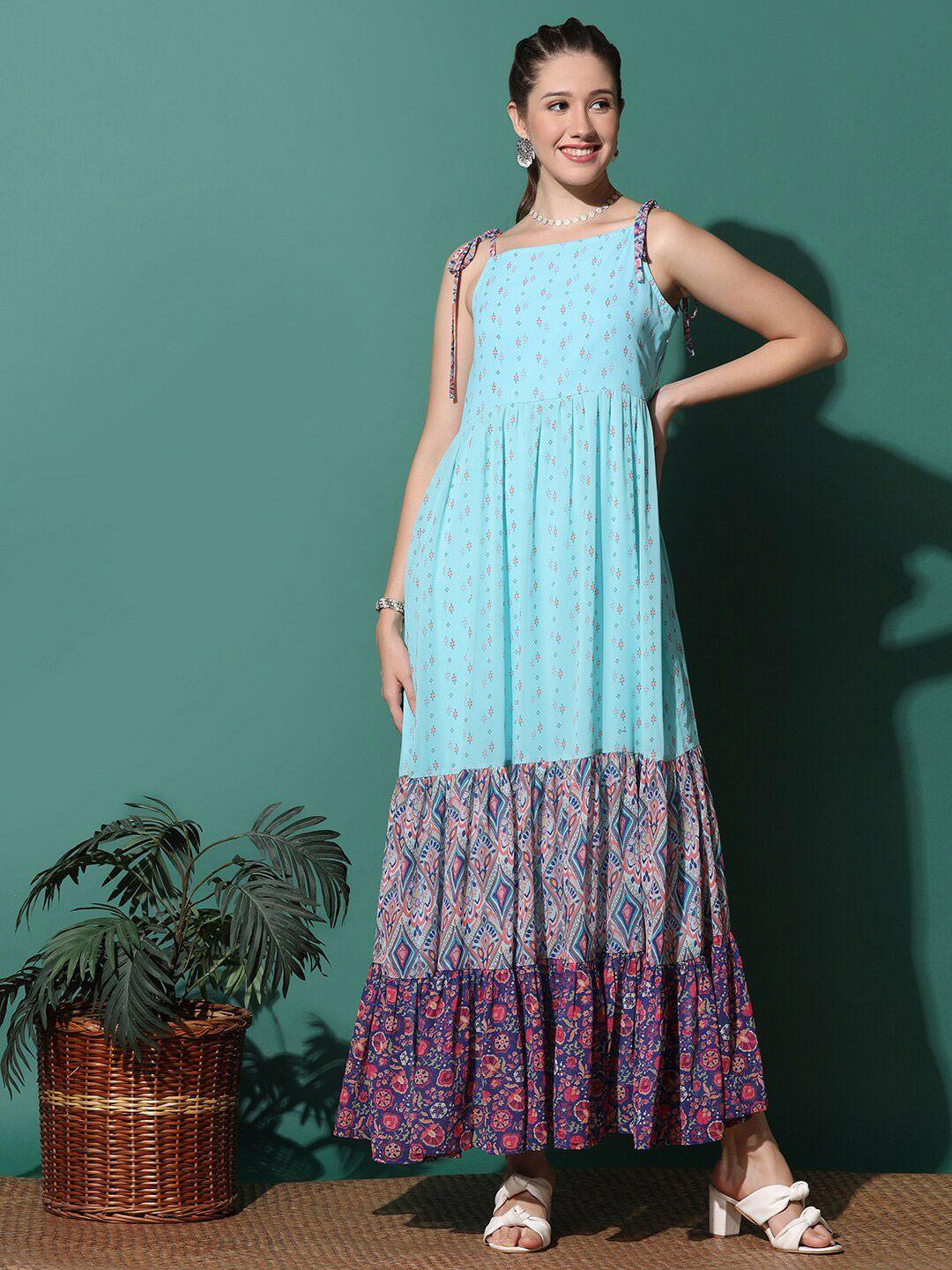 fashion dream ethnic motifs printed shoulder straps tiered fit & flare maxi dress
