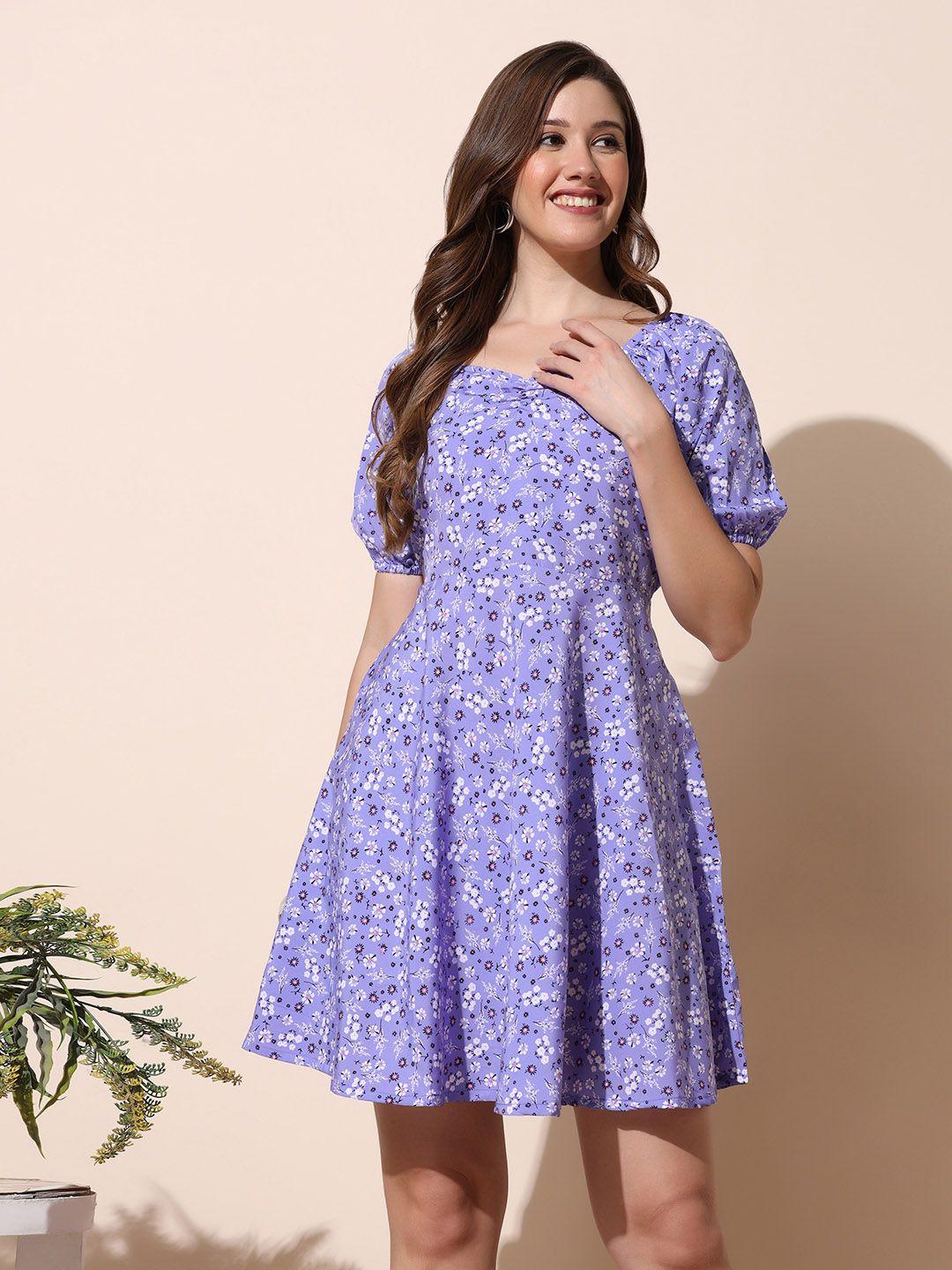 fashion dream floral print puff sleeve crepe fit & flare dress