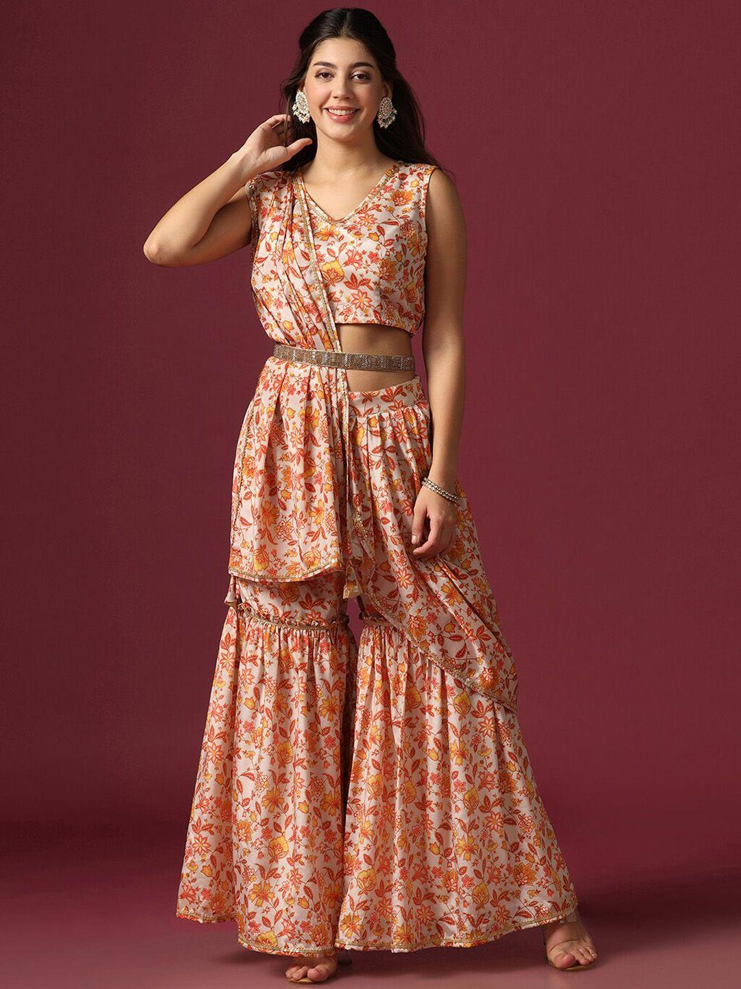 fashion dream floral printed crop top with attached dupatta & sharara