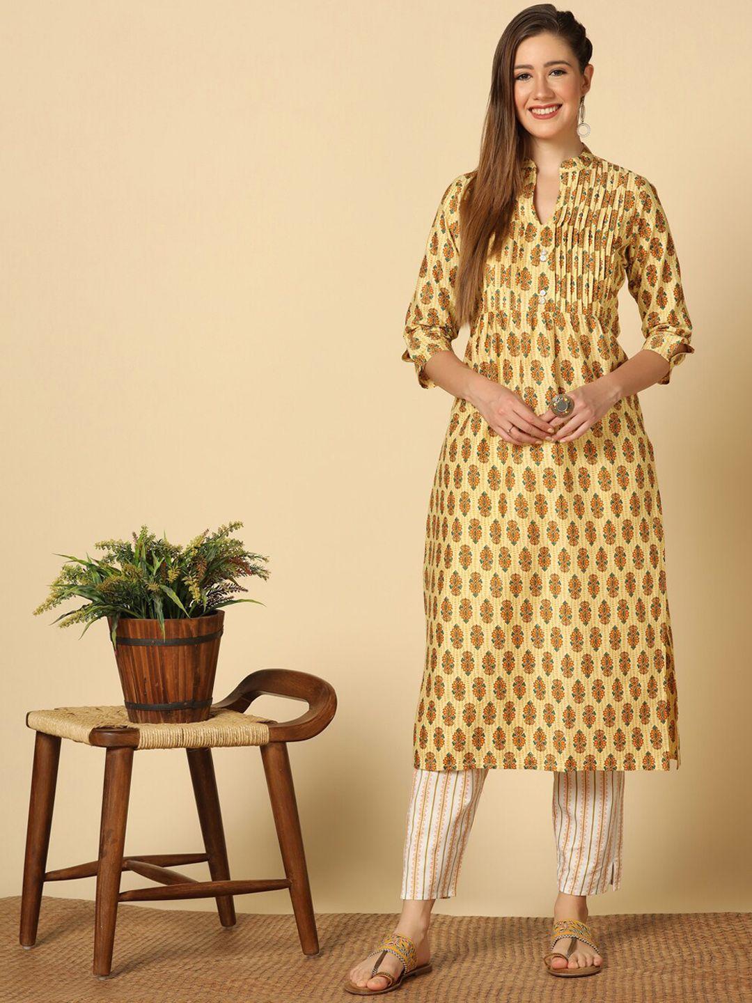 fashion dream floral printed mandarin collar straight kurta & trousers