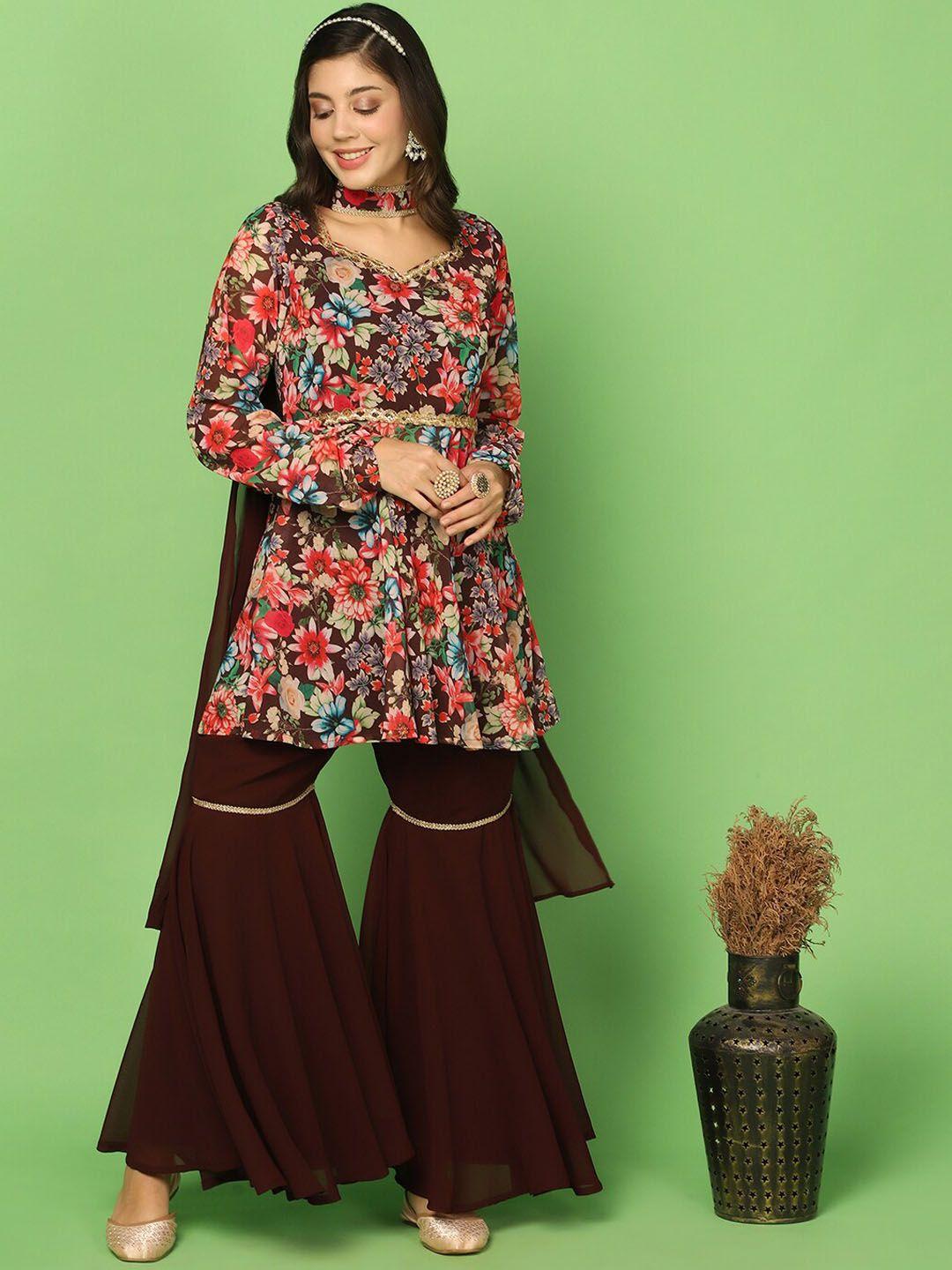 fashion dream floral printed sequinned empire kurta with sharara & dupatta