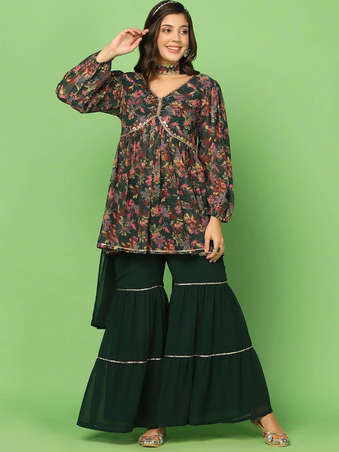 fashion dream floral printed sequinned empire kurti with sharara & dupatta