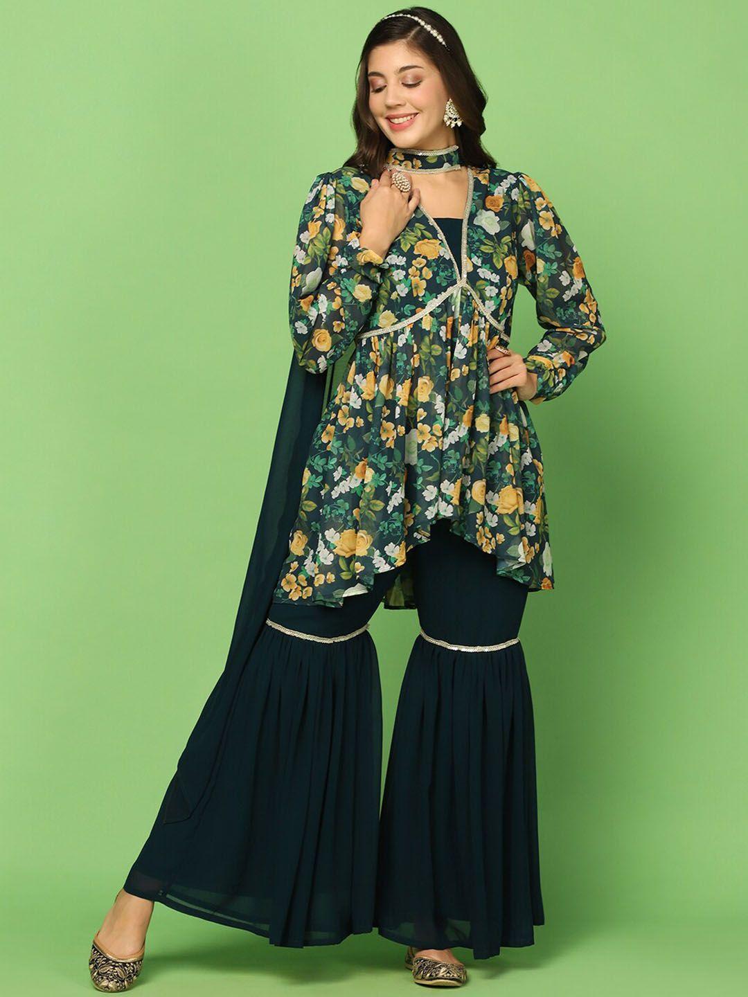 fashion dream floral printed sequinned empire kurti with sharara & dupatta