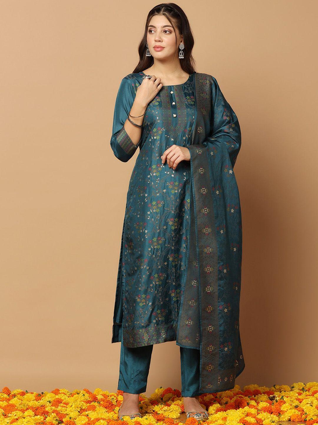 fashion dream floral woven design regular straight kurta & trousers with dupatta