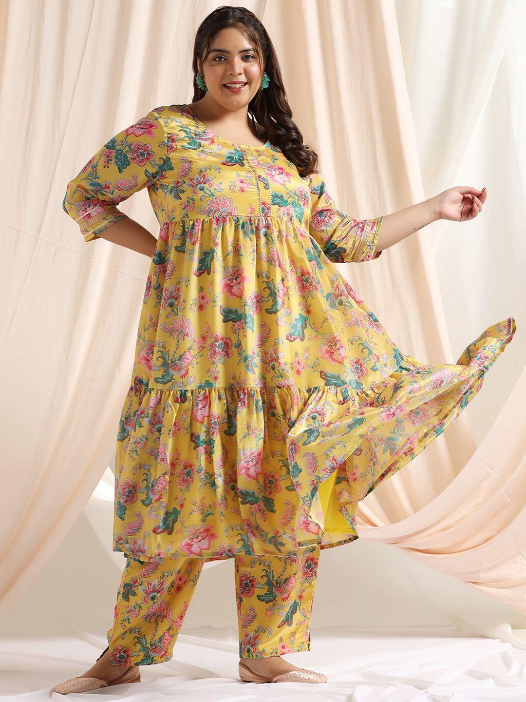 fashion dream plus size floral printed empire gotta patti kurta with trousers