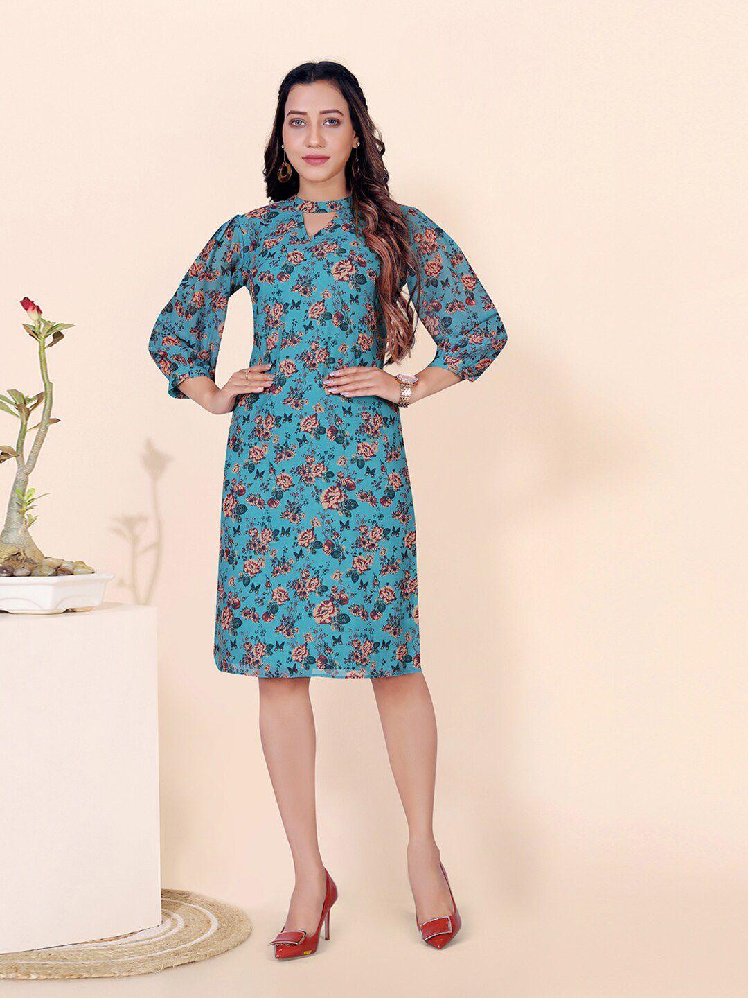 fashion dream teal floral print choker neck puff sleeve georgette a-line dress