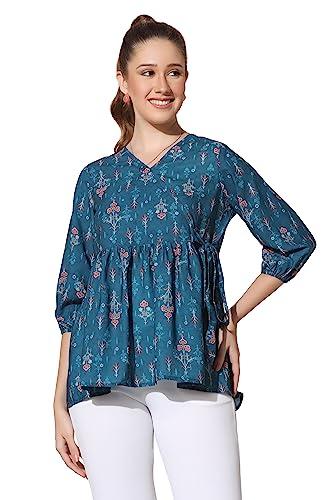 fashion dream women’s blue bsy polyester floral print wrap style top (blue_xxl)