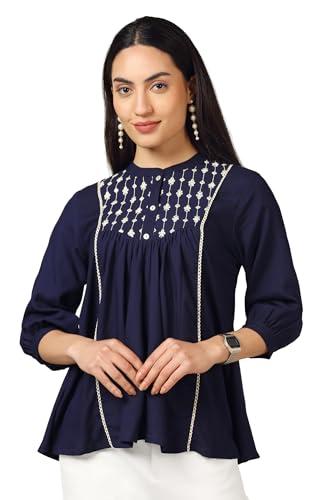 fashion dream women’s rayon embroidered top(fdwtun00031 nbl xl_nevy blue_xl)