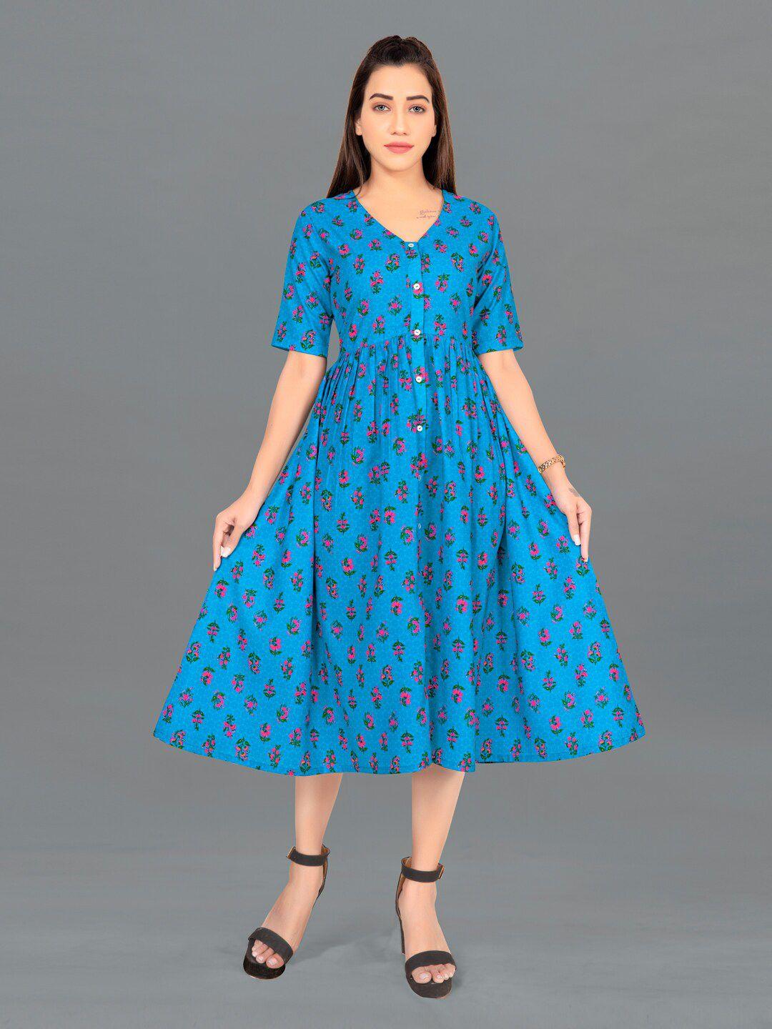 fashion dream women blue floral printed midi dress