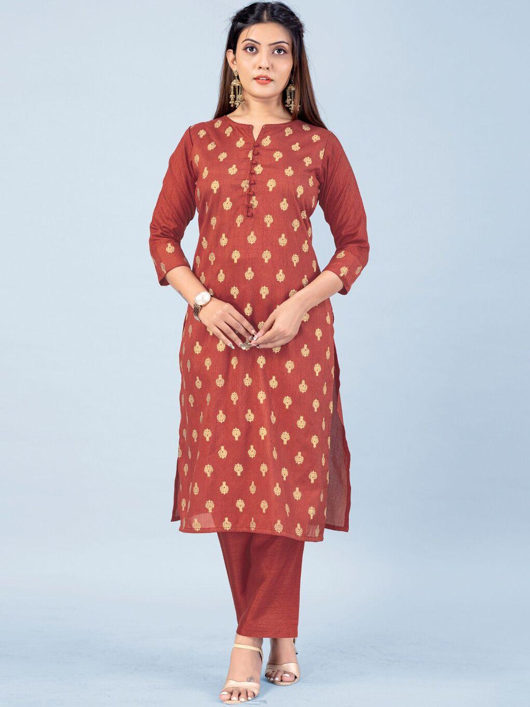 fashion dream women rust ethnic motifs printed silk crepe kurta set