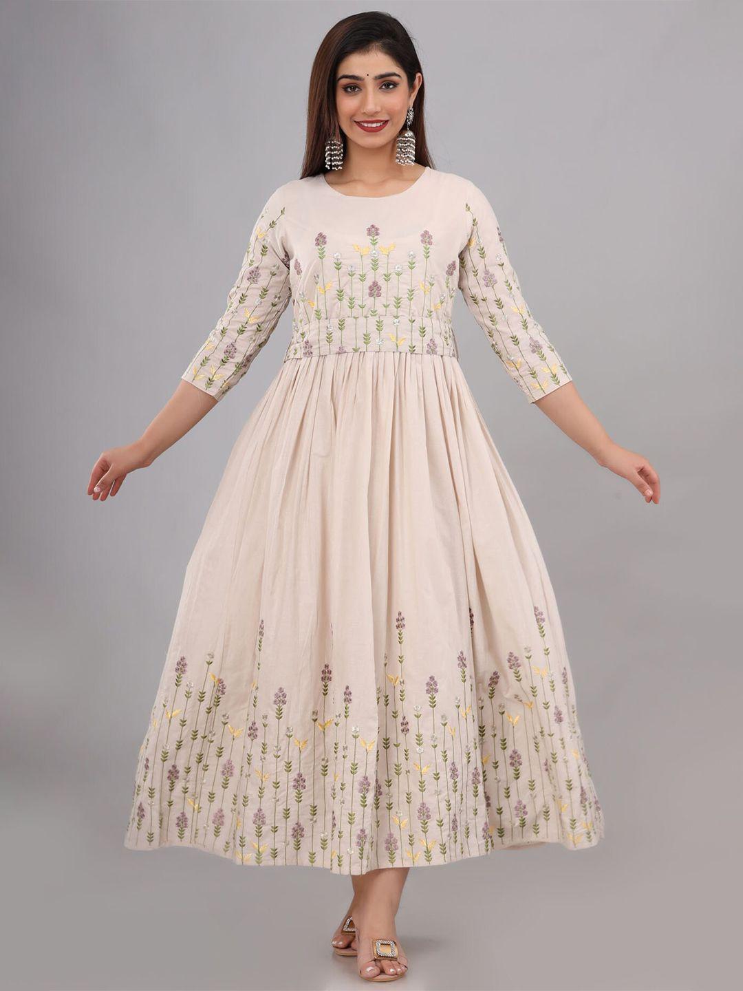 fashion dwar beige floral embroidered cotton ethnic maxi dress