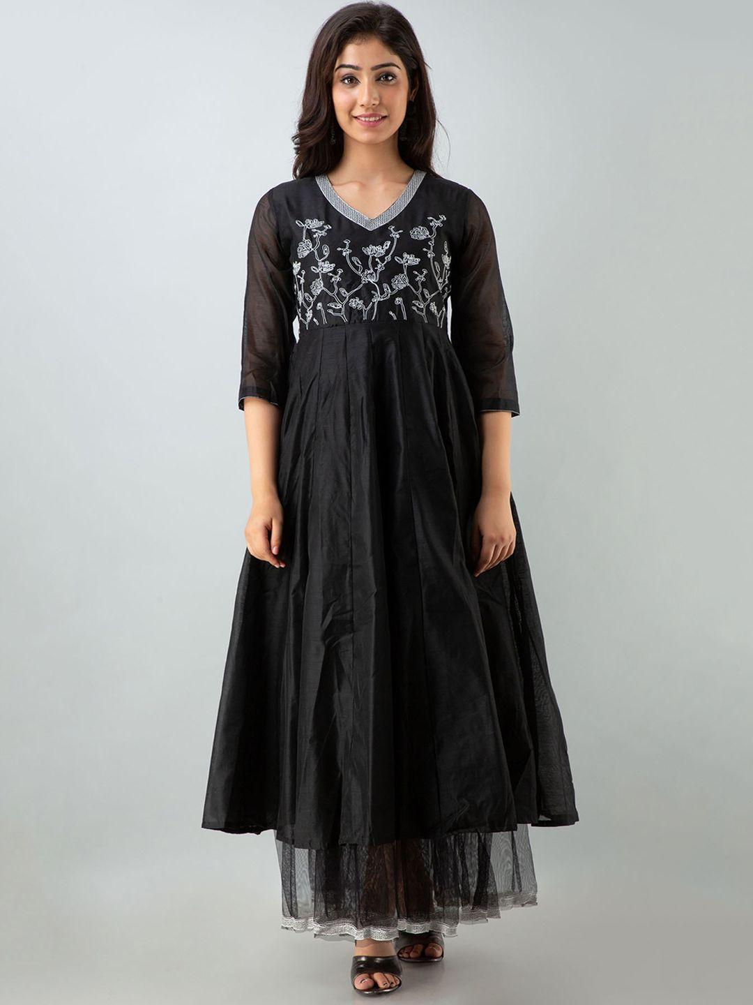 fashion dwar black floral embroidered net ethnic cotton maxi dress