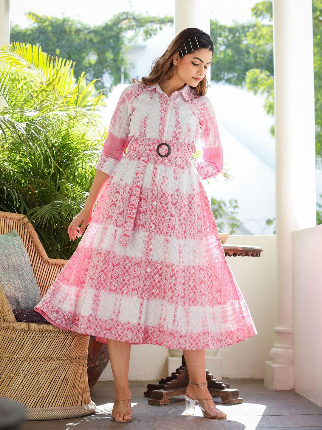 fashion dwar ethnic motif embroidered shirt collar pure cotton a-line midi dress