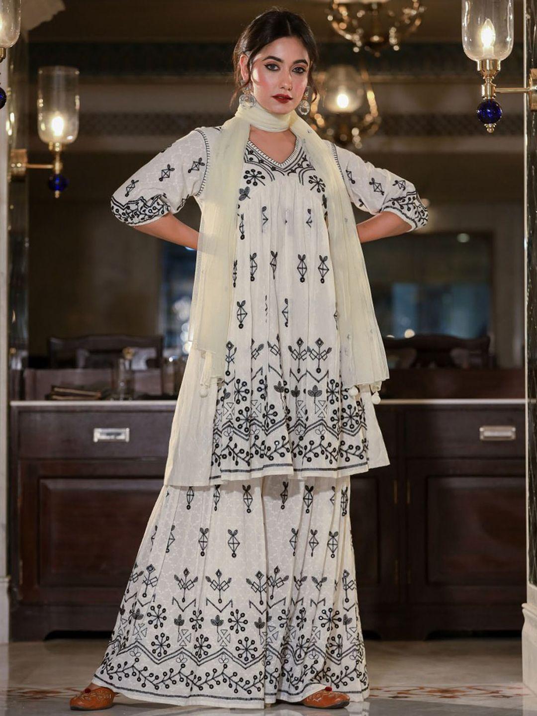 fashion dwar ethnic motifs embroidered empire pure cotton kurti with sharara & dupatta