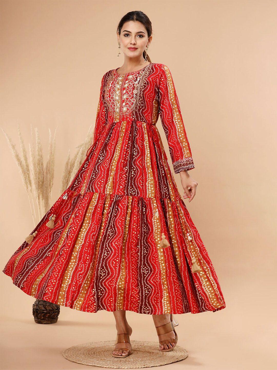 fashion dwar ethnic motifs printed embroidered detail cotton fit and flare ethnic dresses