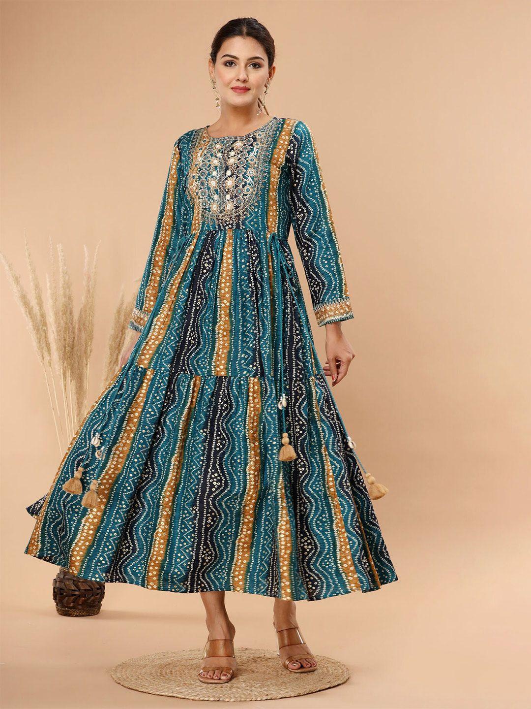 fashion dwar ethnic motifs printed embroidered pure cotton fit & flare dress