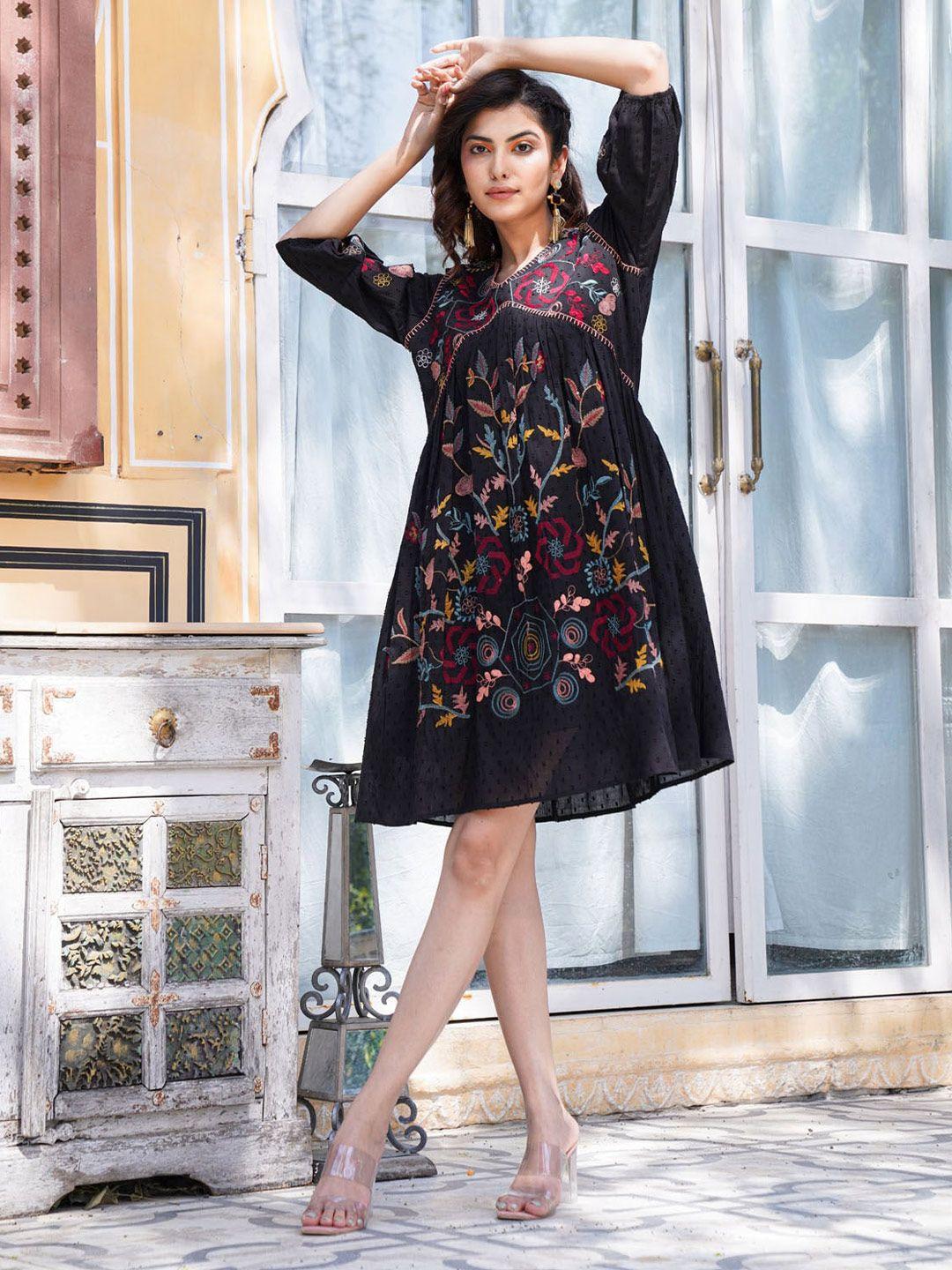 fashion dwar floral embroidered fit & flare dress