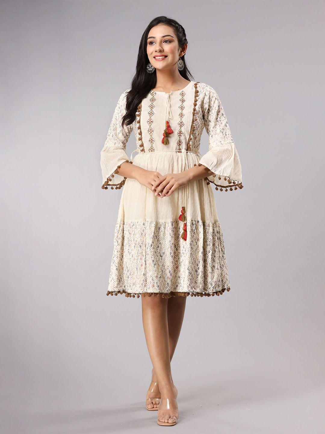 fashion dwar floral embroidered tie-up neck cotton dress