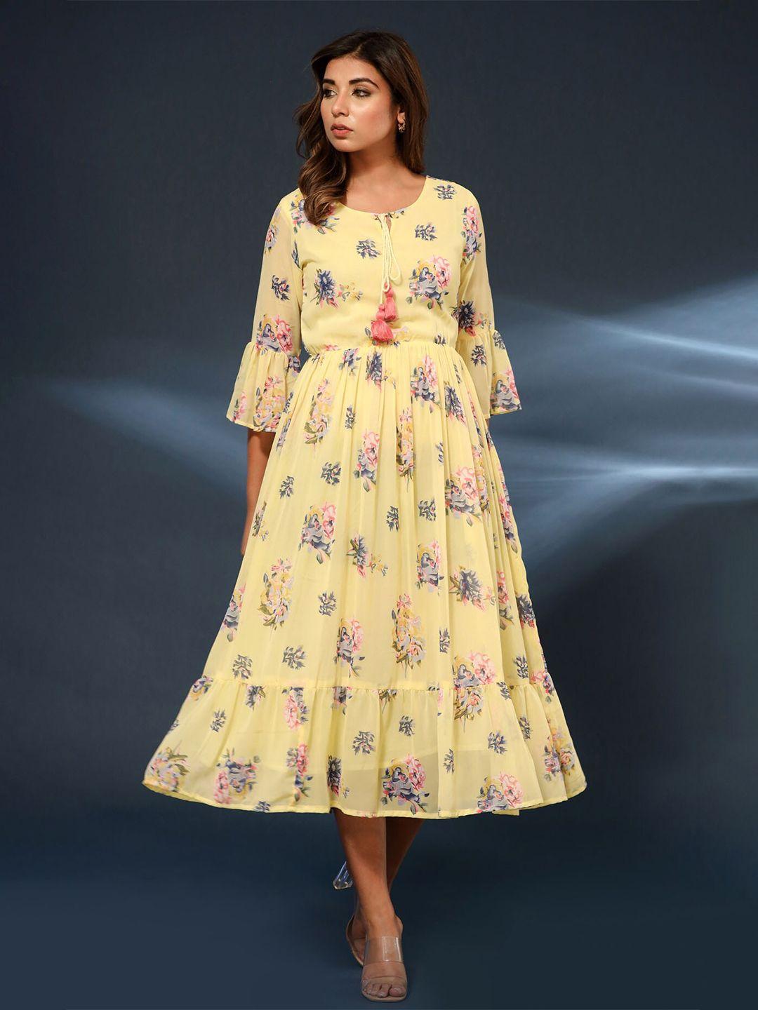 fashion dwar floral print bell sleeve georgette empire midi dress