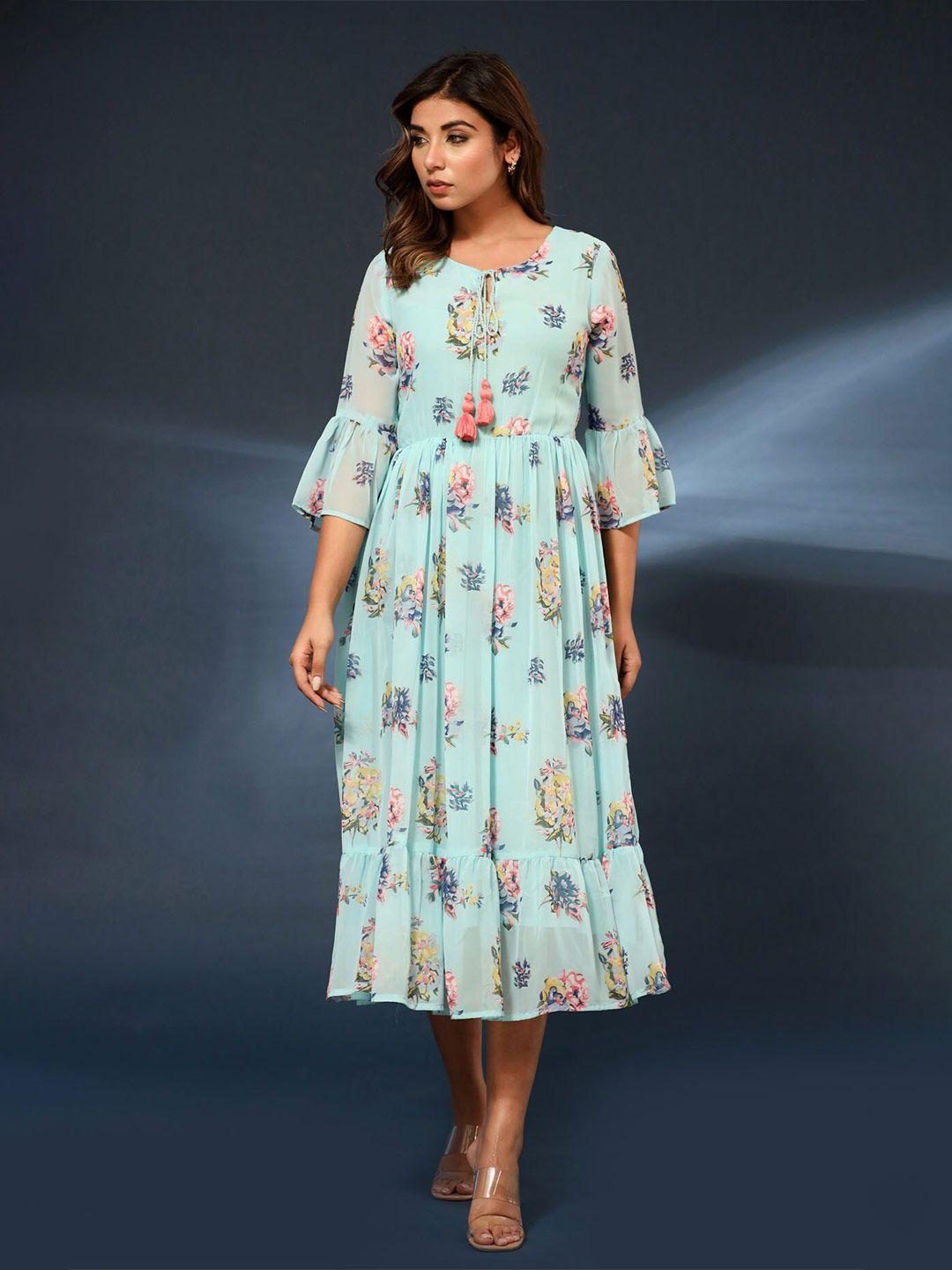 fashion dwar floral print bell sleeve georgette fit & flare midi dress