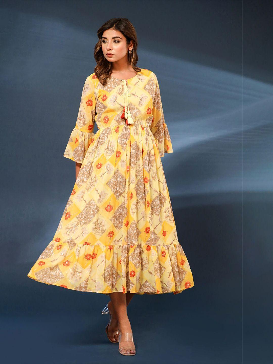 fashion dwar floral print tie-up neck bell sleeve applique georgette fit & flare dress