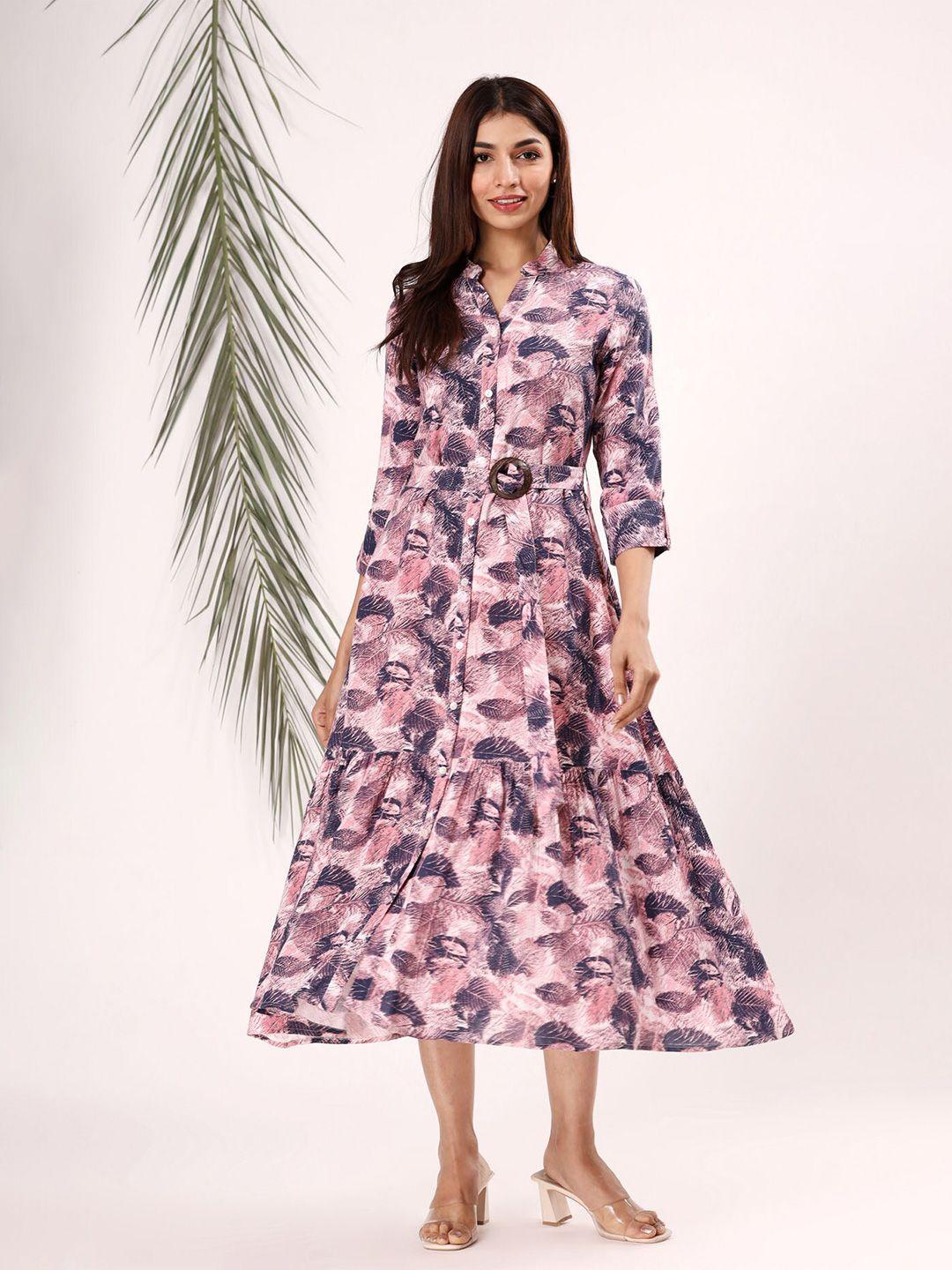fashion dwar floral printed a-line midi pure cotton dress with belt