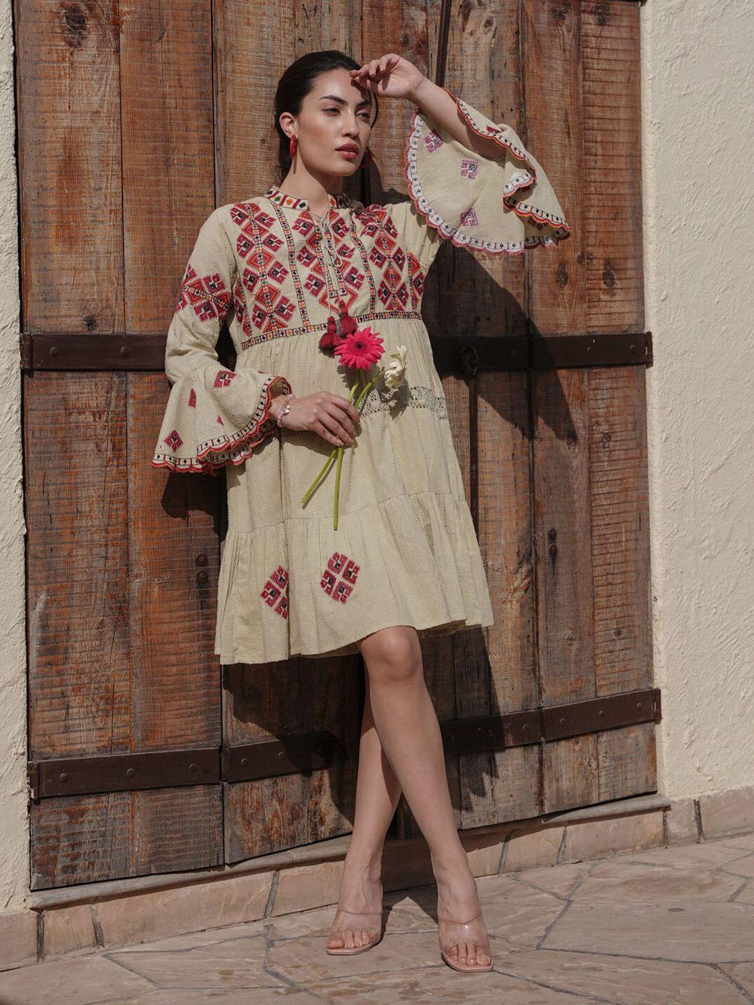 fashion dwar floral printed cotton bell sleeve a-line dress