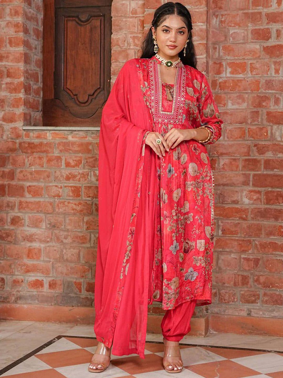 fashion dwar floral printed pleated straight kurta with trousers & with dupatta