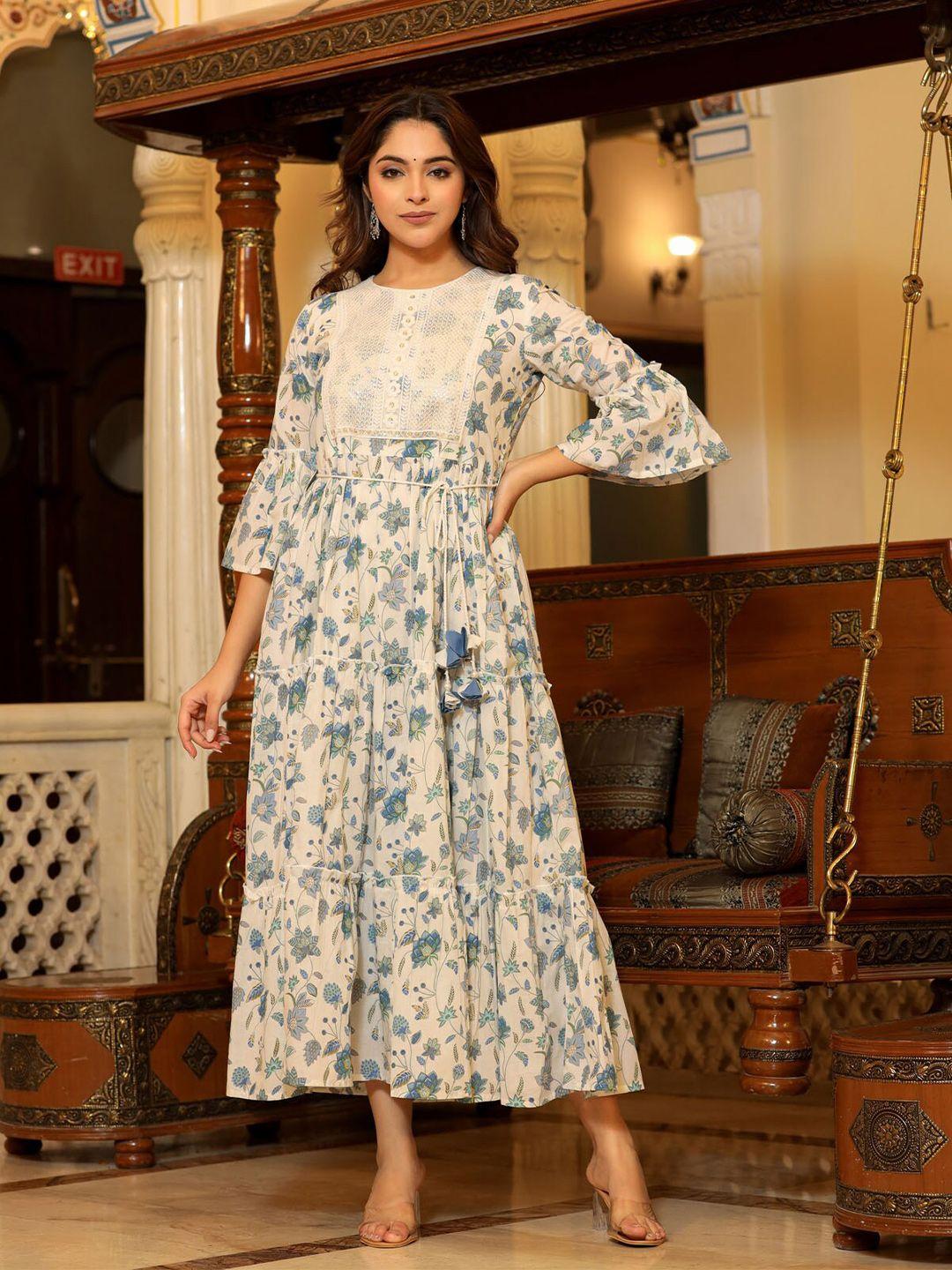 fashion dwar floral printed sequined detail pure cotton a-line ethnic midi dress
