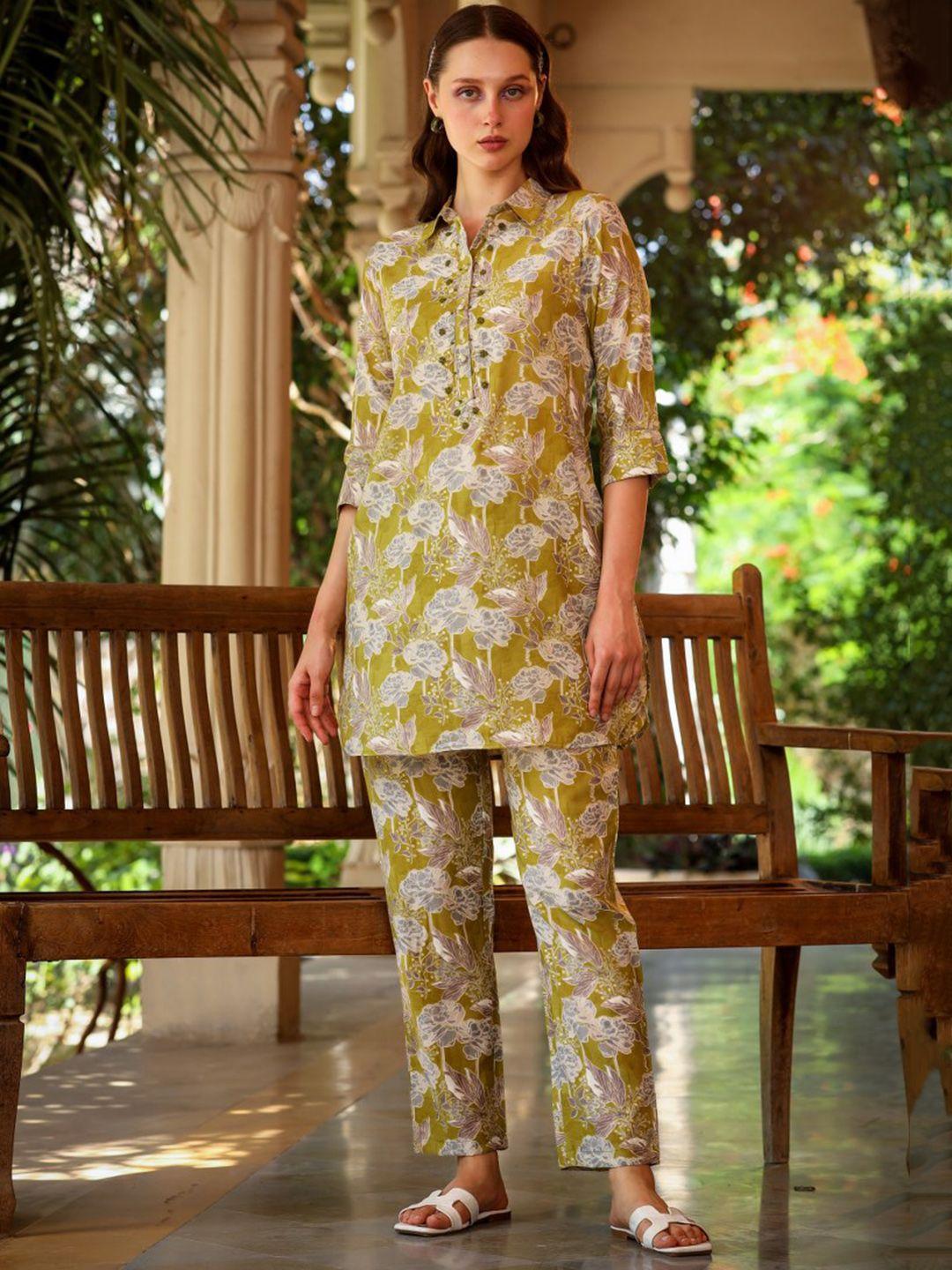 fashion dwar floral printed shirt collar tunic and trousers co-ords
