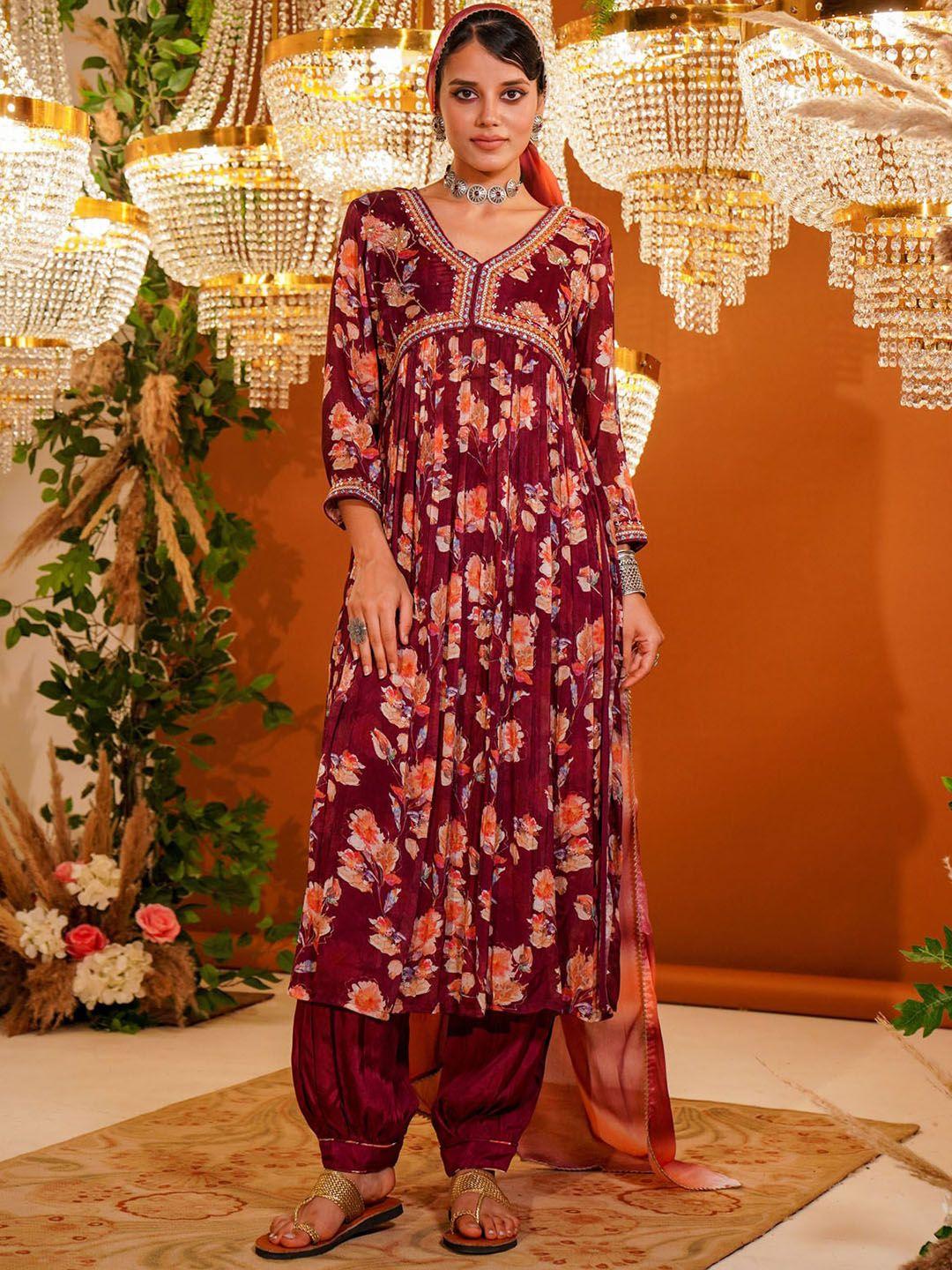 fashion dwar floral printed straight high slit kurta with trousers & with dupatta