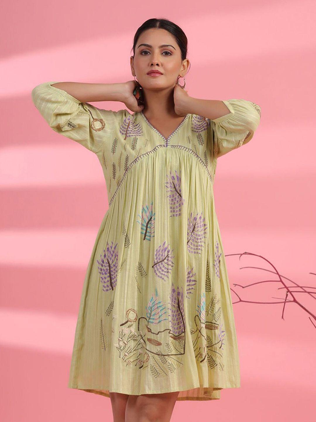 fashion dwar floral printed v-neck cotton a-line dress