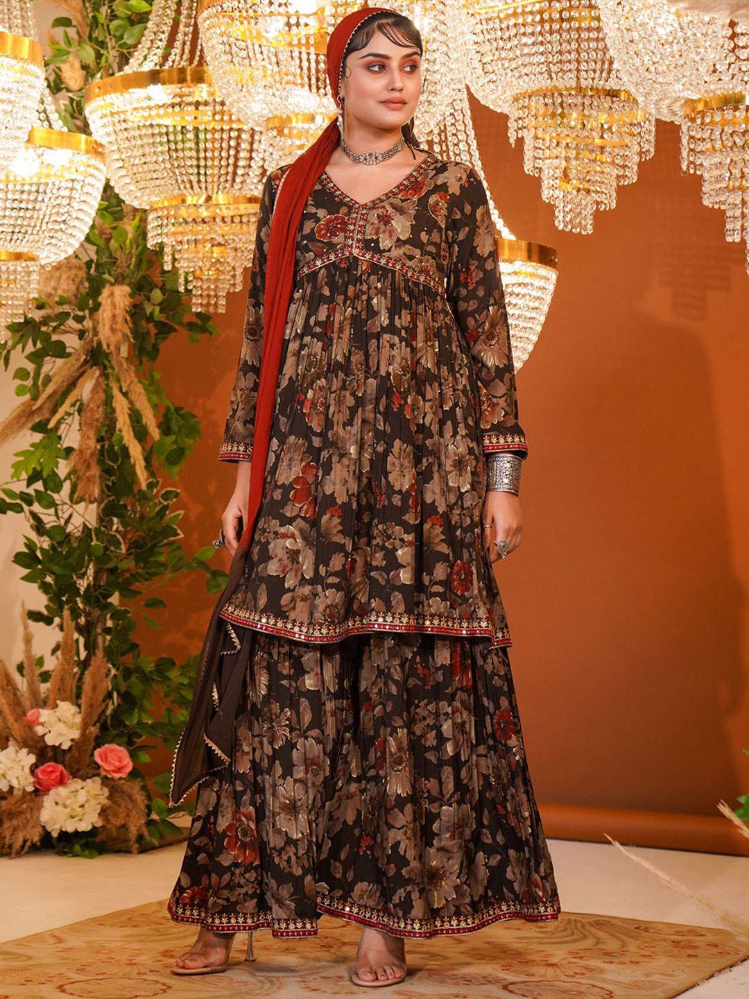 fashion dwar floral printed v-neck sequinned empire kurta with sharara & dupatta