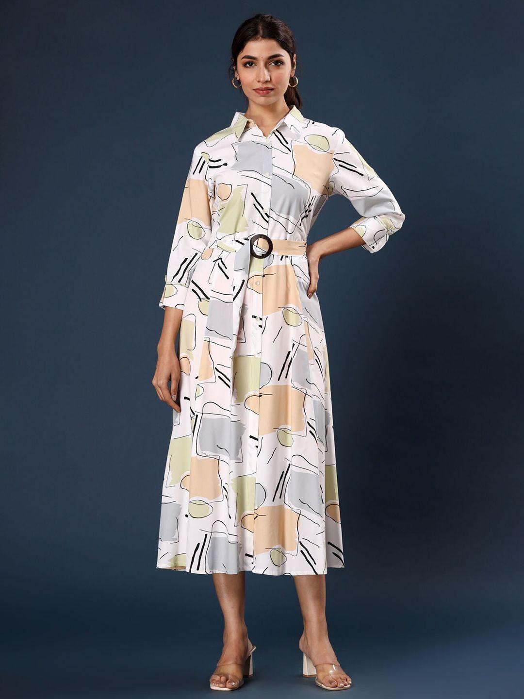 fashion dwar geometric print shirt collar applique fit & flare midi dress