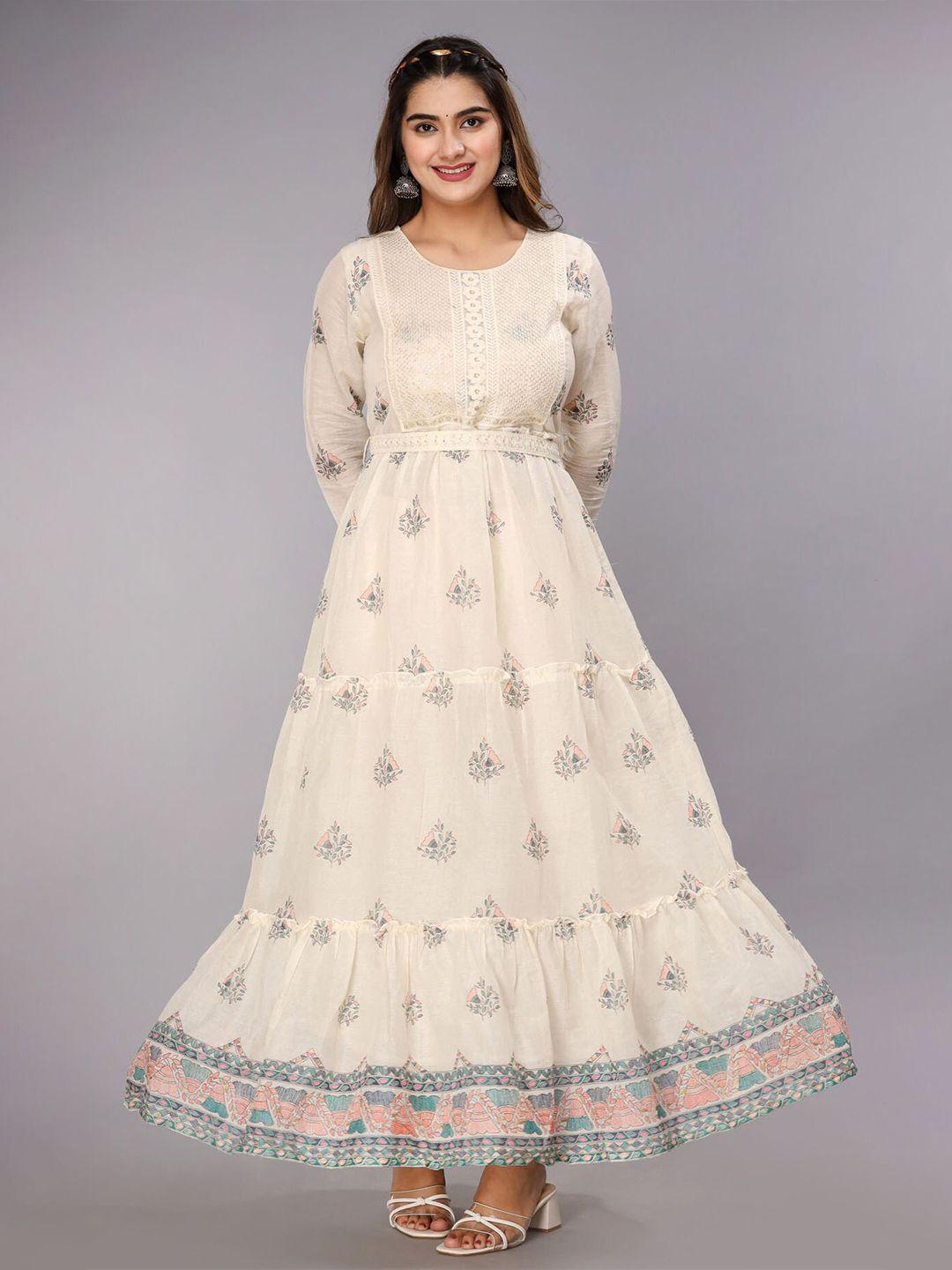 fashion dwar off white floral cotton ethnic dress with dupatta