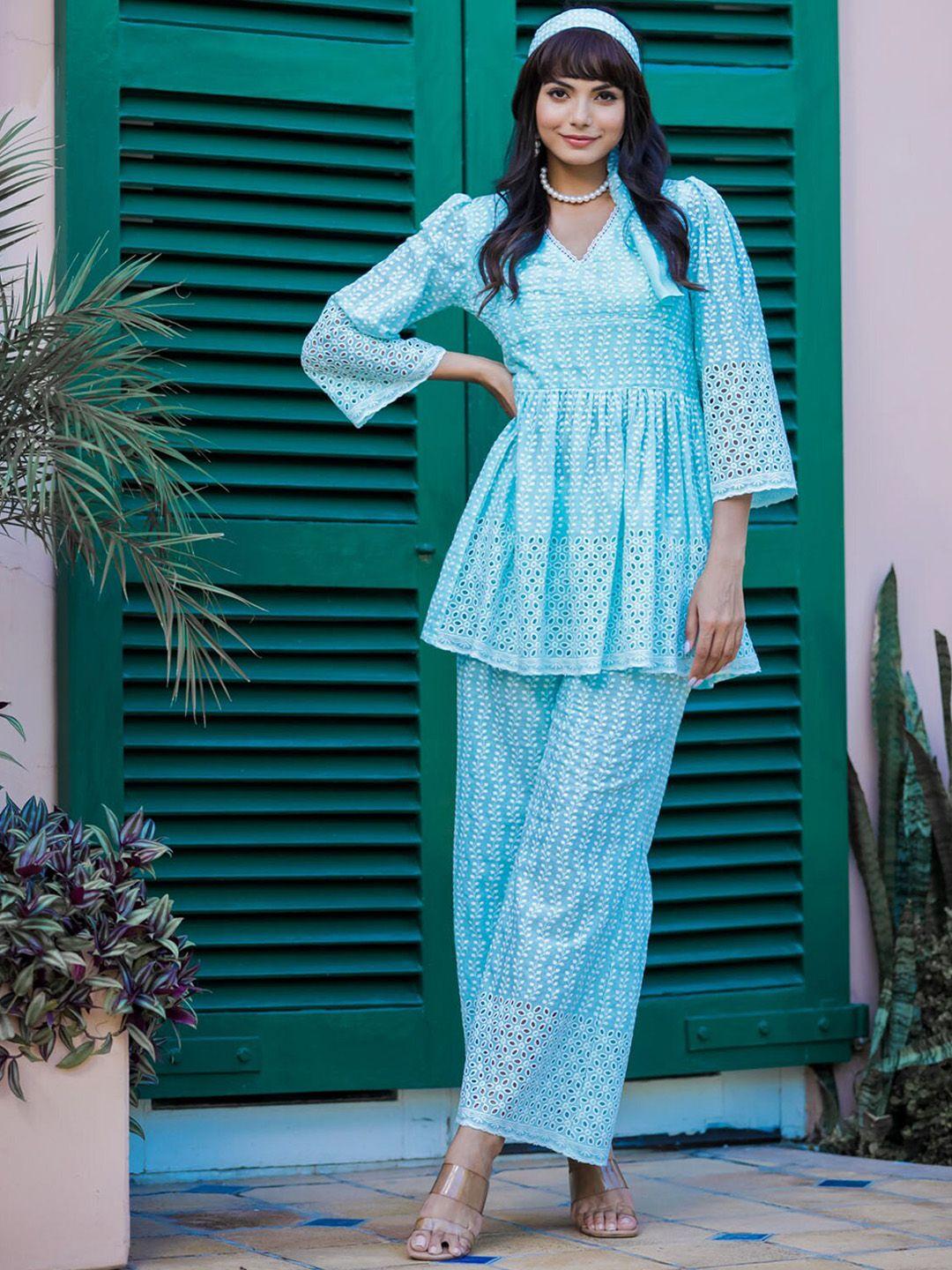 fashion dwar women blue & white self design pure cotton kurta with palazzos