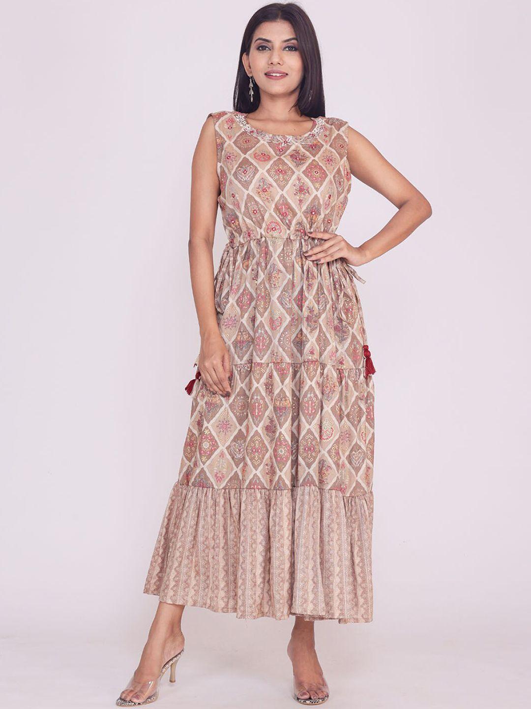 fashion dwar women brown & peach-coloured ethnic motifs made to measure maxi dress