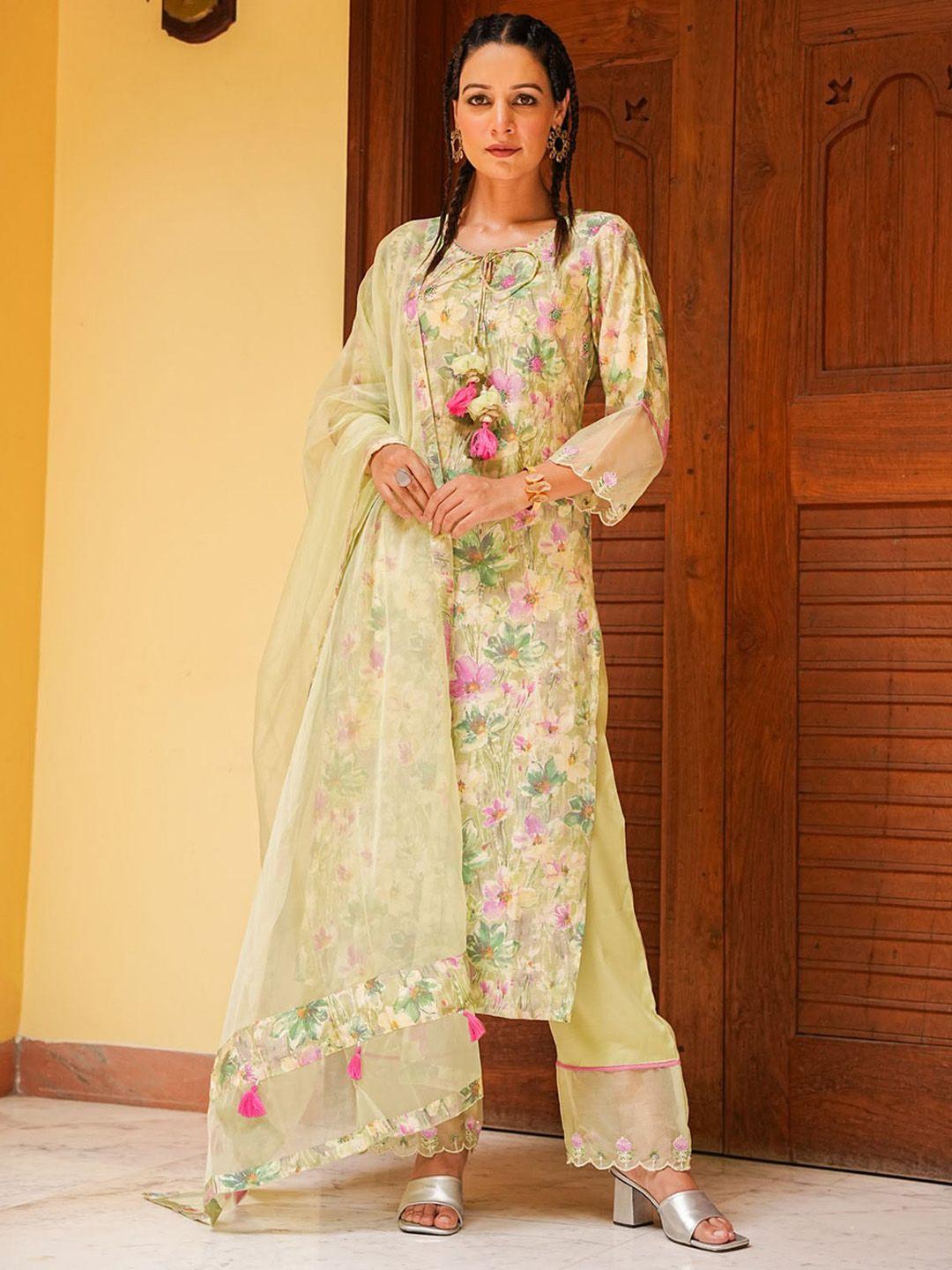 fashion dwar women green floral printed regular chanderi cotton kurta with trousers & with dupatta