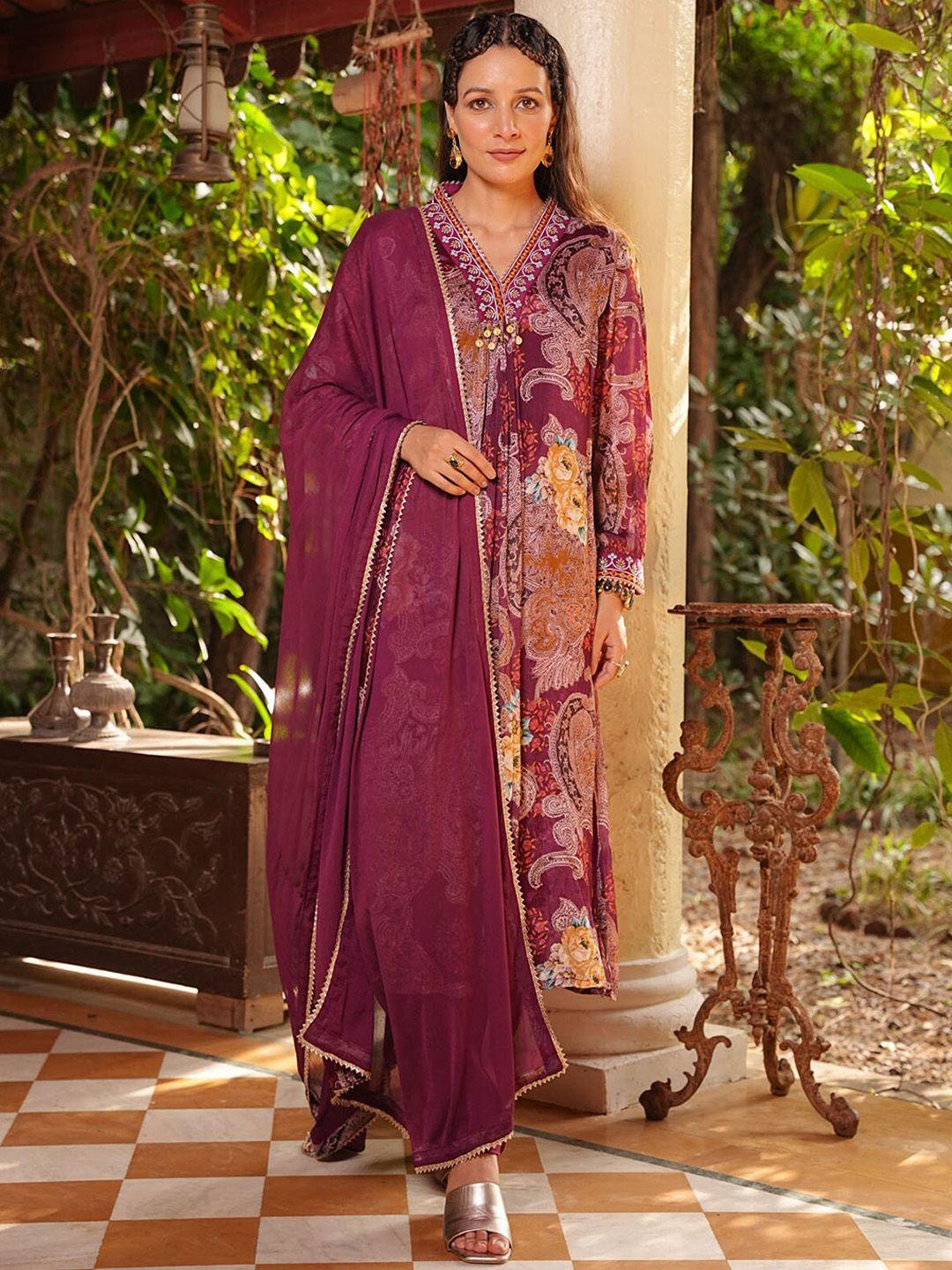 fashion dwar women maroon floral printed regular kurta with trousers & with dupatta