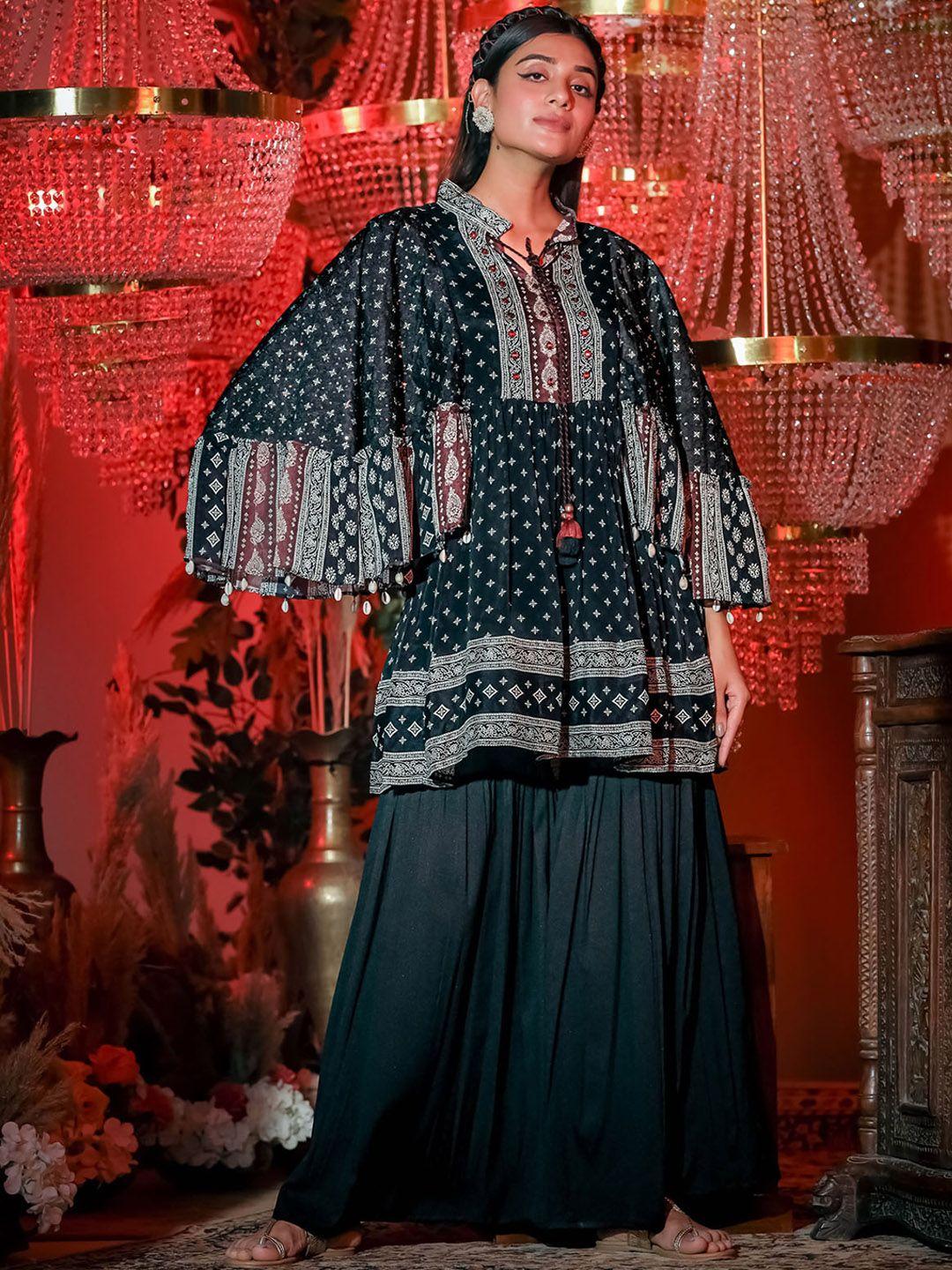 fashion dwar women navy blue ethnic motifs printed mirror work kurti with sharara