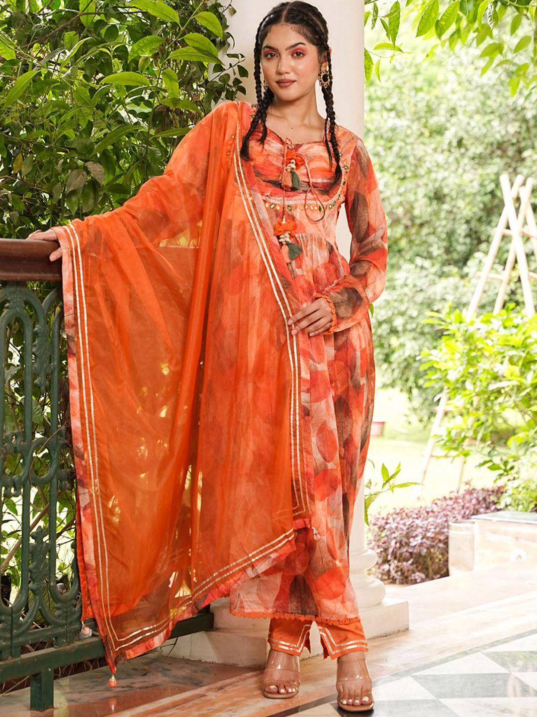 fashion dwar women orange ethnic motifs printed pleated mirror work kurta with trousers & with dupatta
