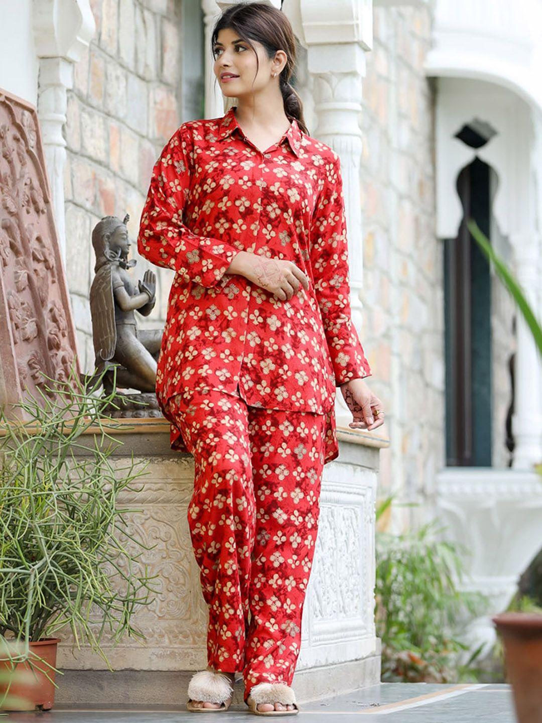 fashion dwar women red & beige ethnic motifs printed kurti with palazzos