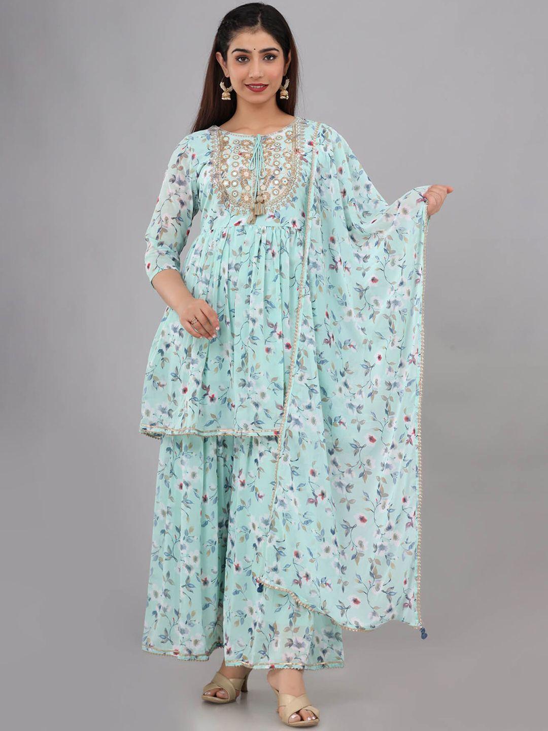 fashion dwar women turquoise blue floral printed pleated silk georgette kurti with palazzos & with dupatta