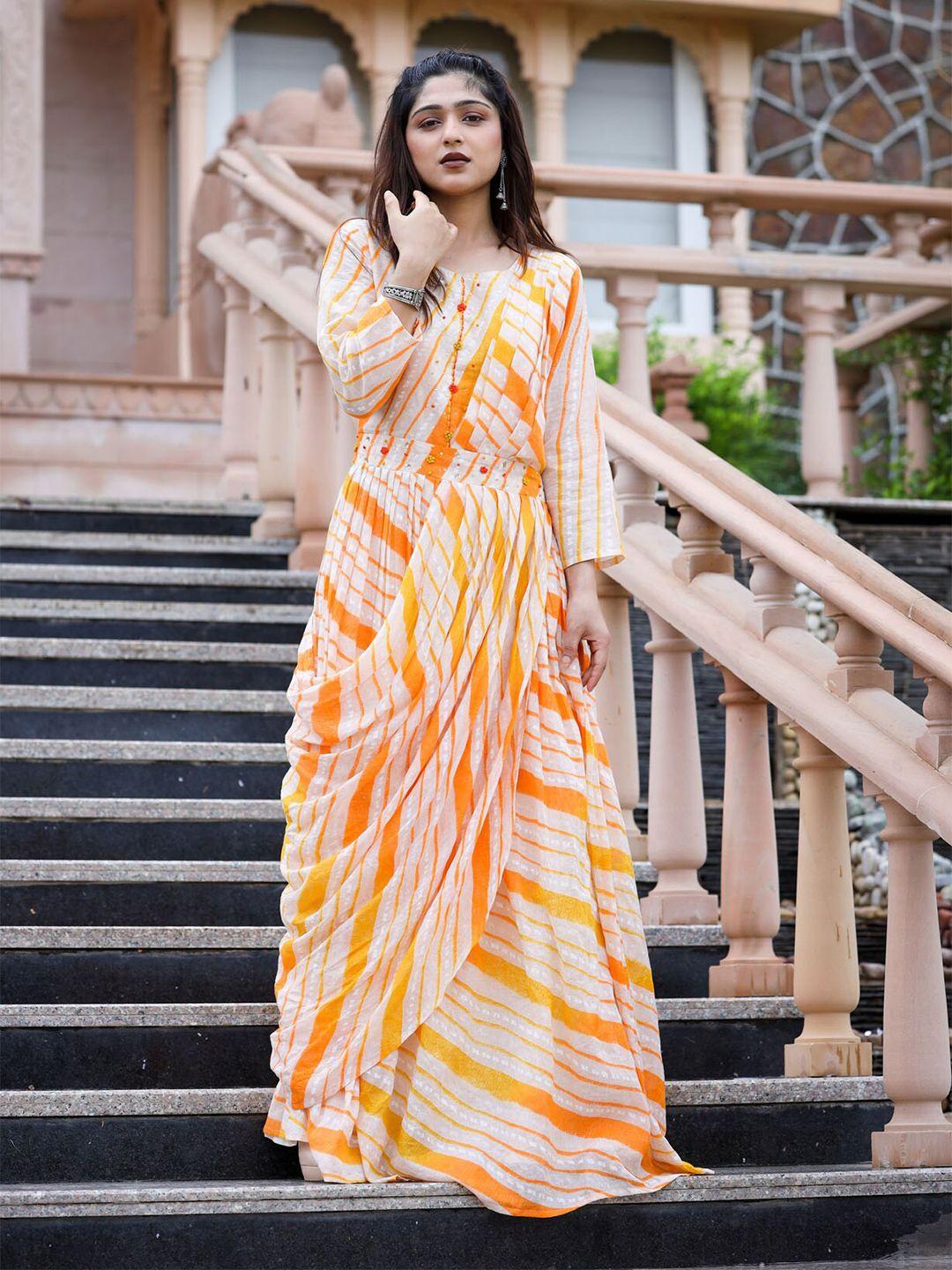 fashion dwar women yellow & white  striped wrap maxi ethnic dress